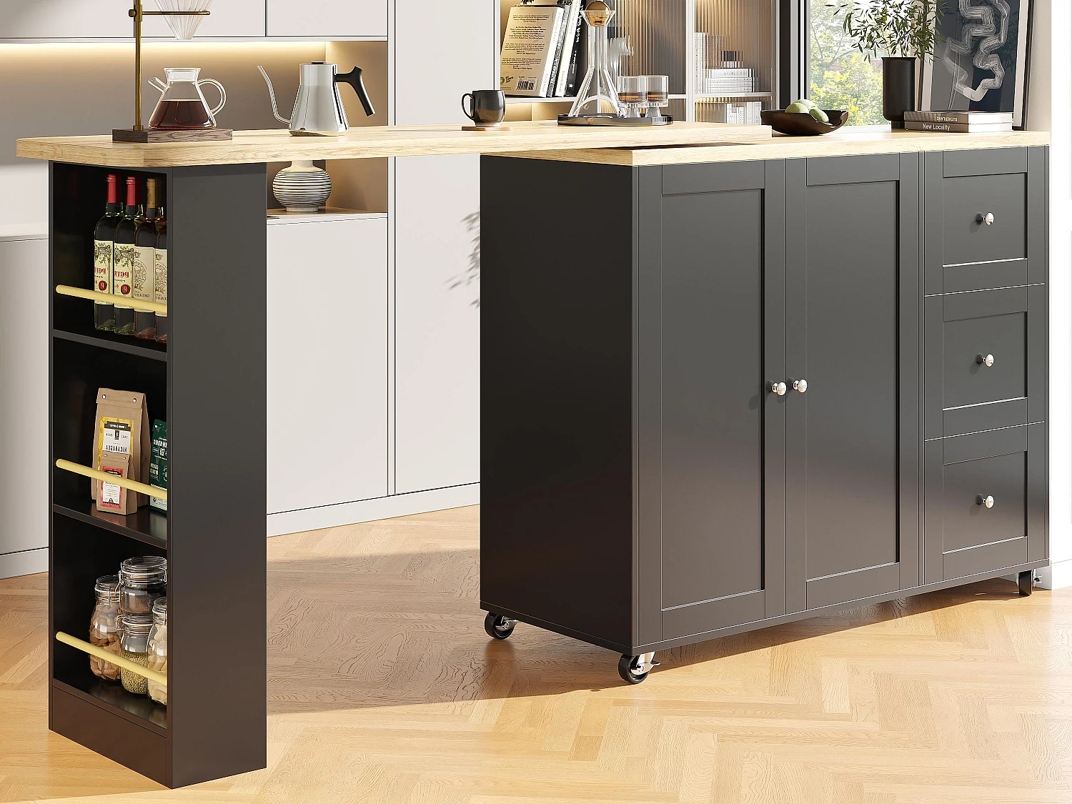 Bufet, obrotowy mebel barowy – MDF – 3 szuflady i 2 drzwi – Czarny 3634139