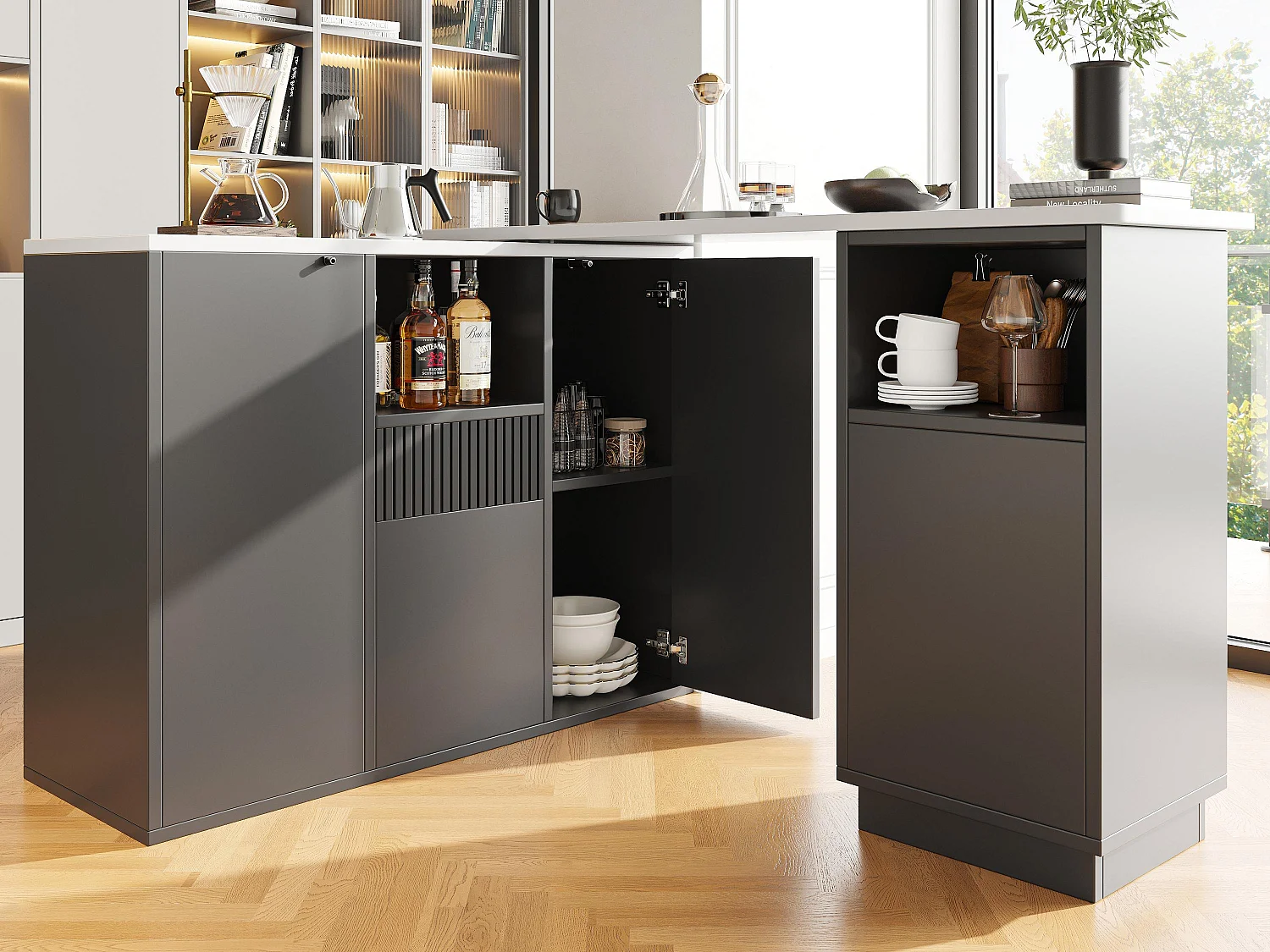 Bufet, obrotowy mebel barowy – z wielofunkcyjnym schowkiem – MDF – czarny 3634137