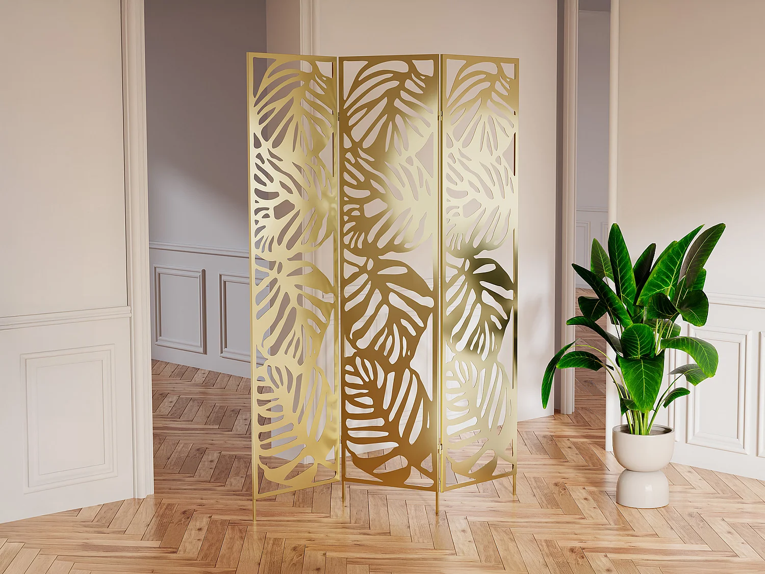 Parawan ażurowy metalowy z roślinnym wzorem 3-skrzydłowy szer. 123 x wys. 180 cm - Złoty - KODILA 2747239 - obrazek 1