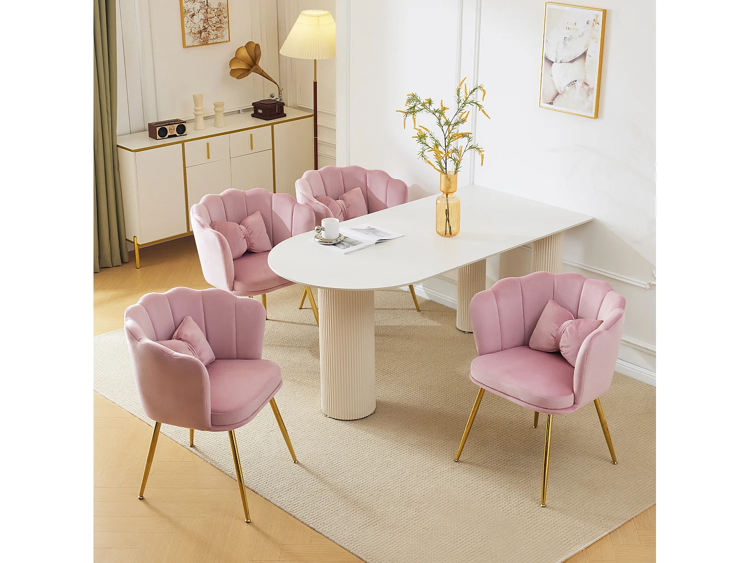 Conjunto de 4 cadeiras de veludo para sala de jantar – 62 x 54,5 x 77 cm – com encosto – Pernas de metal – rosa 3686084