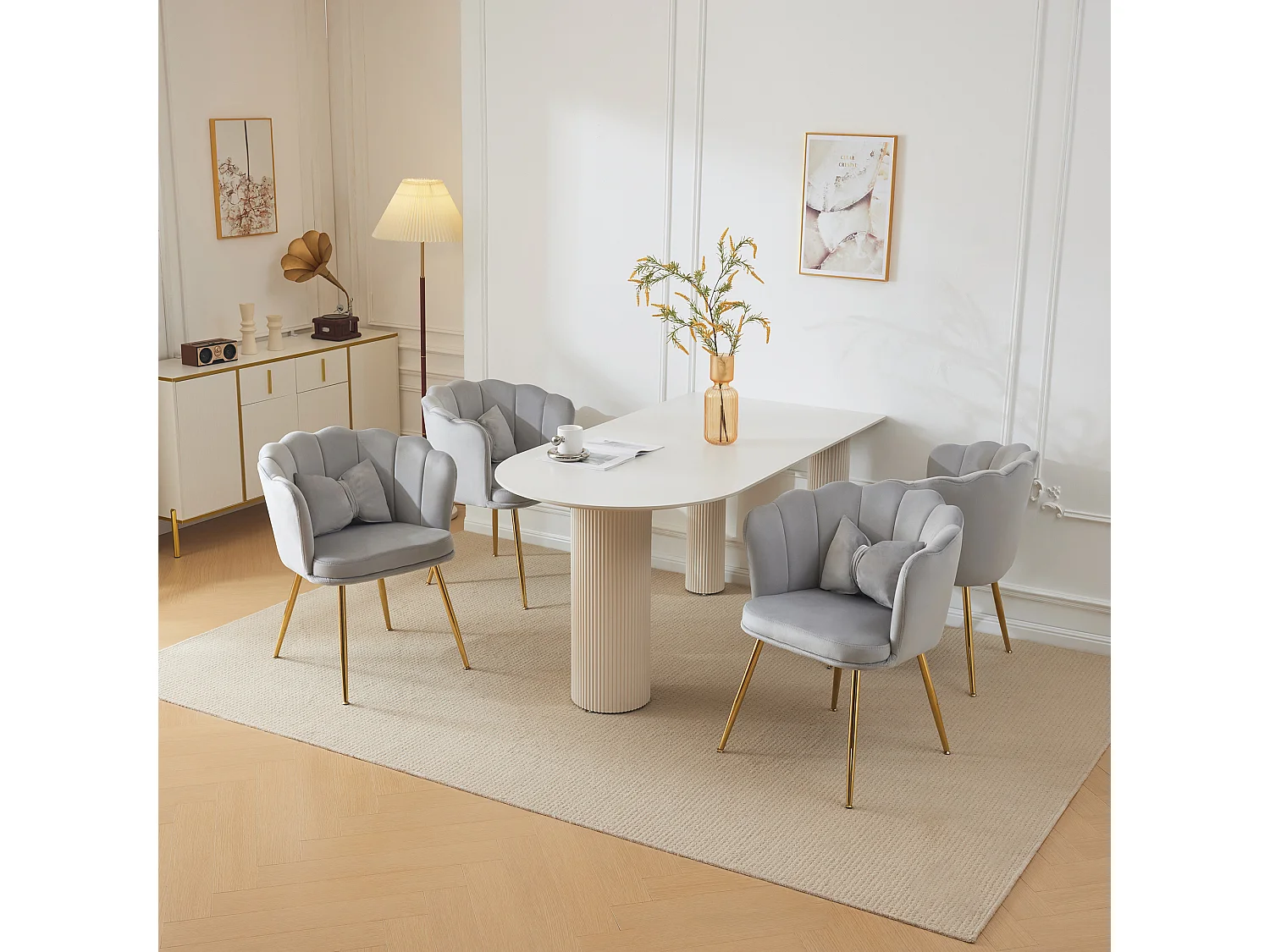 Conjunto de 4 cadeiras de veludo para sala de jantar – 62 x 54,5 x 77 cm – com encosto – Pernas de metal – Cinza 3686088