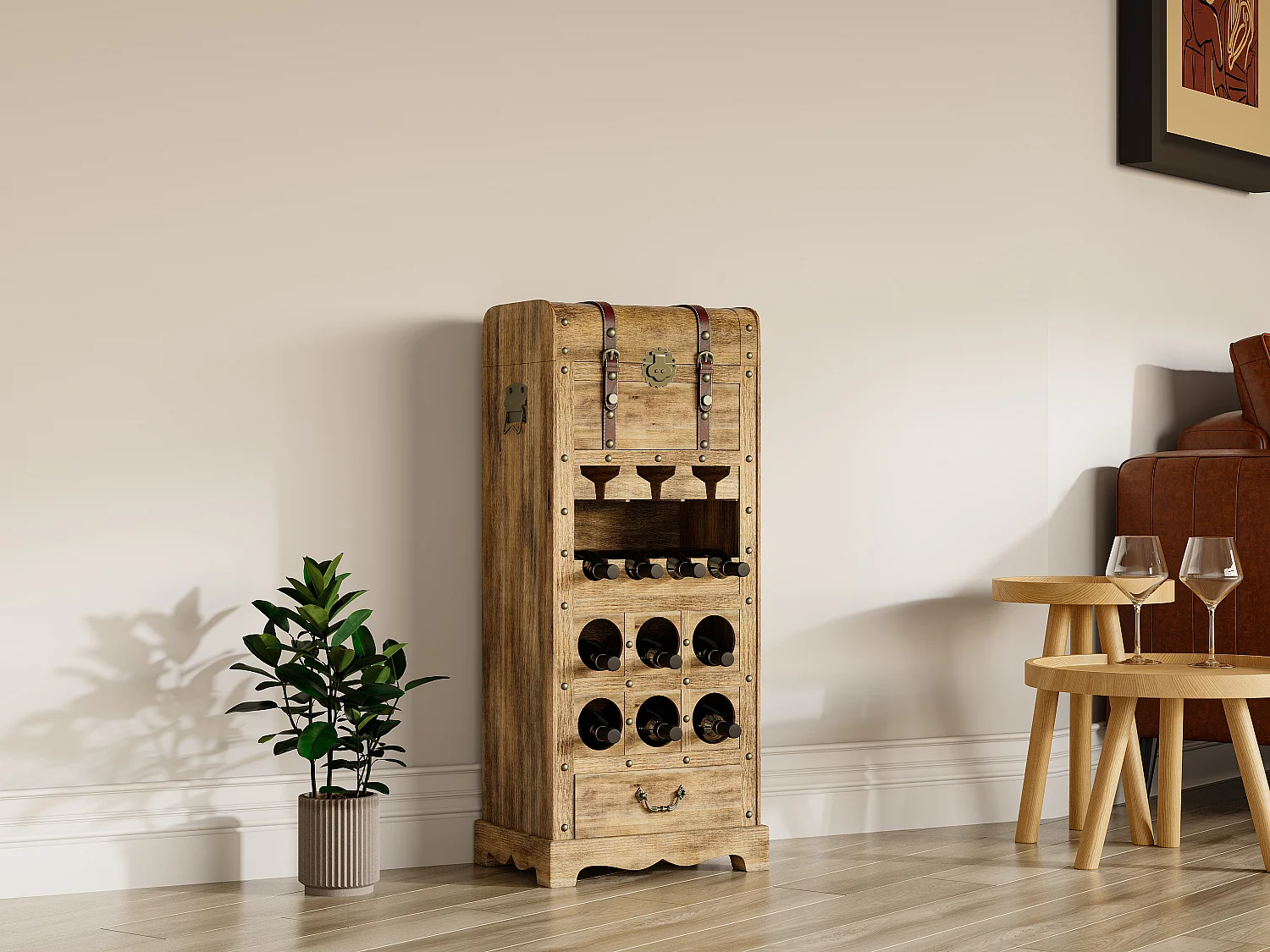 Komoda na wino ze skrzynią z drewna sosnowego i MDF – szer. 43 x wys. 100 cm – Naturalny – CAVINA 1802969