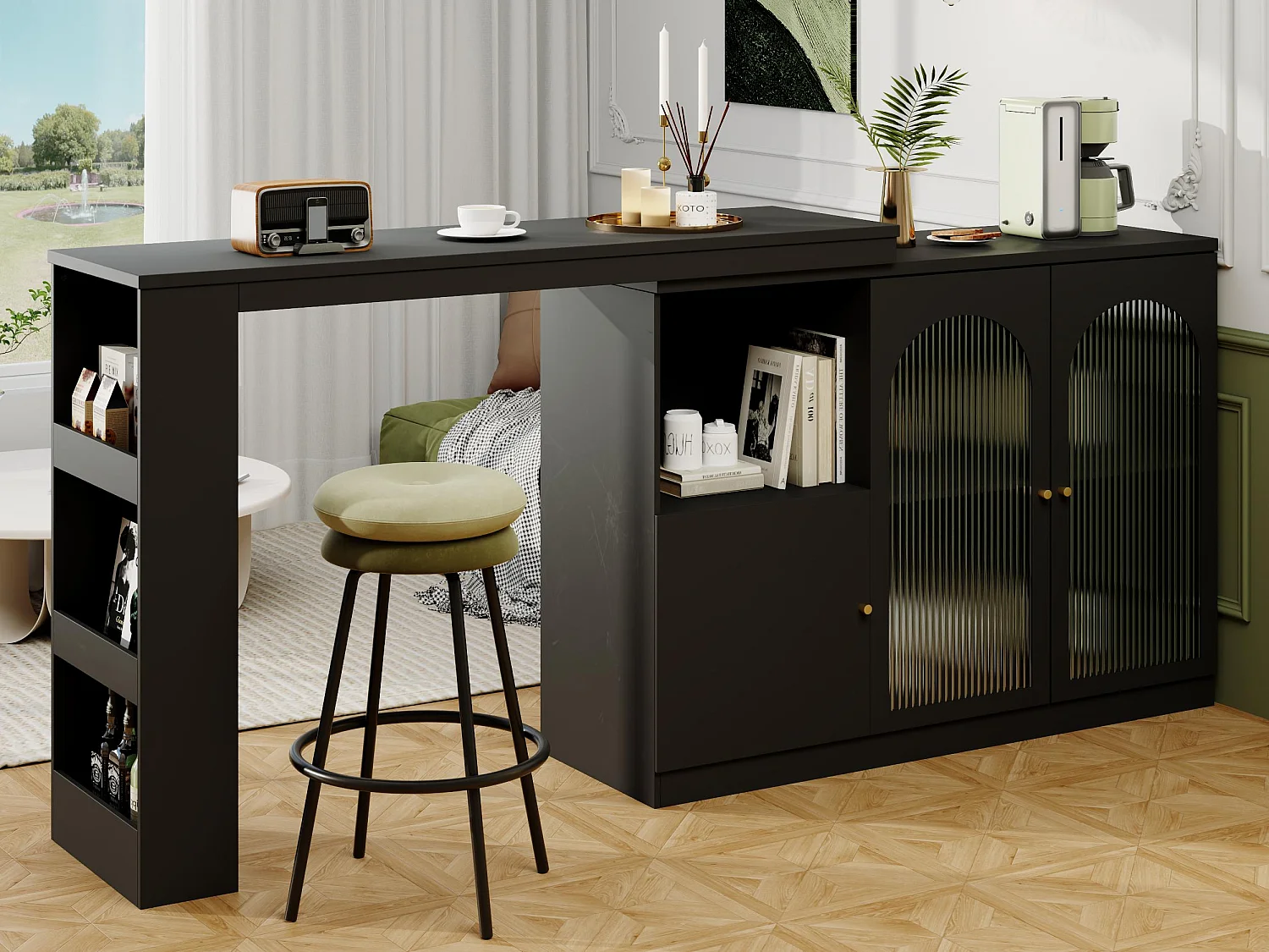 Bufet, obrotowy mebel barowy z MDF – duża przestrzeń do przechowywania – styl nowoczesny – czarny 3688649