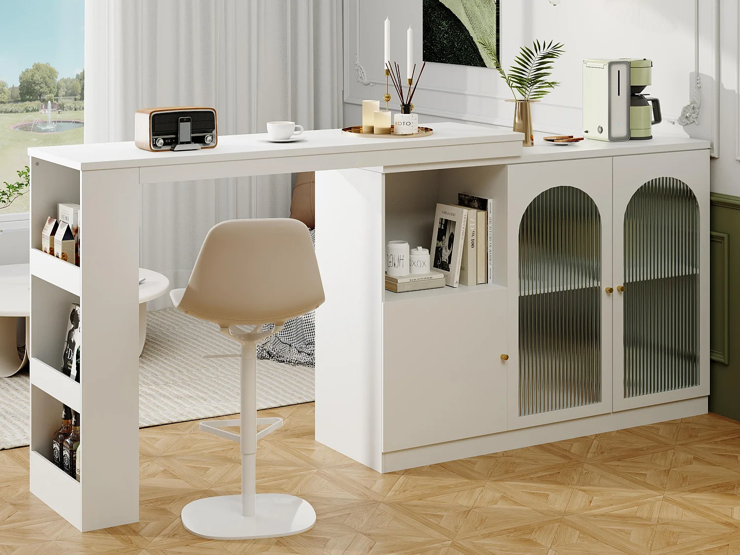 Bufet, obrotowy mebel barowy z MDF – duża przestrzeń do przechowywania – styl nowoczesny – Biały 3688653