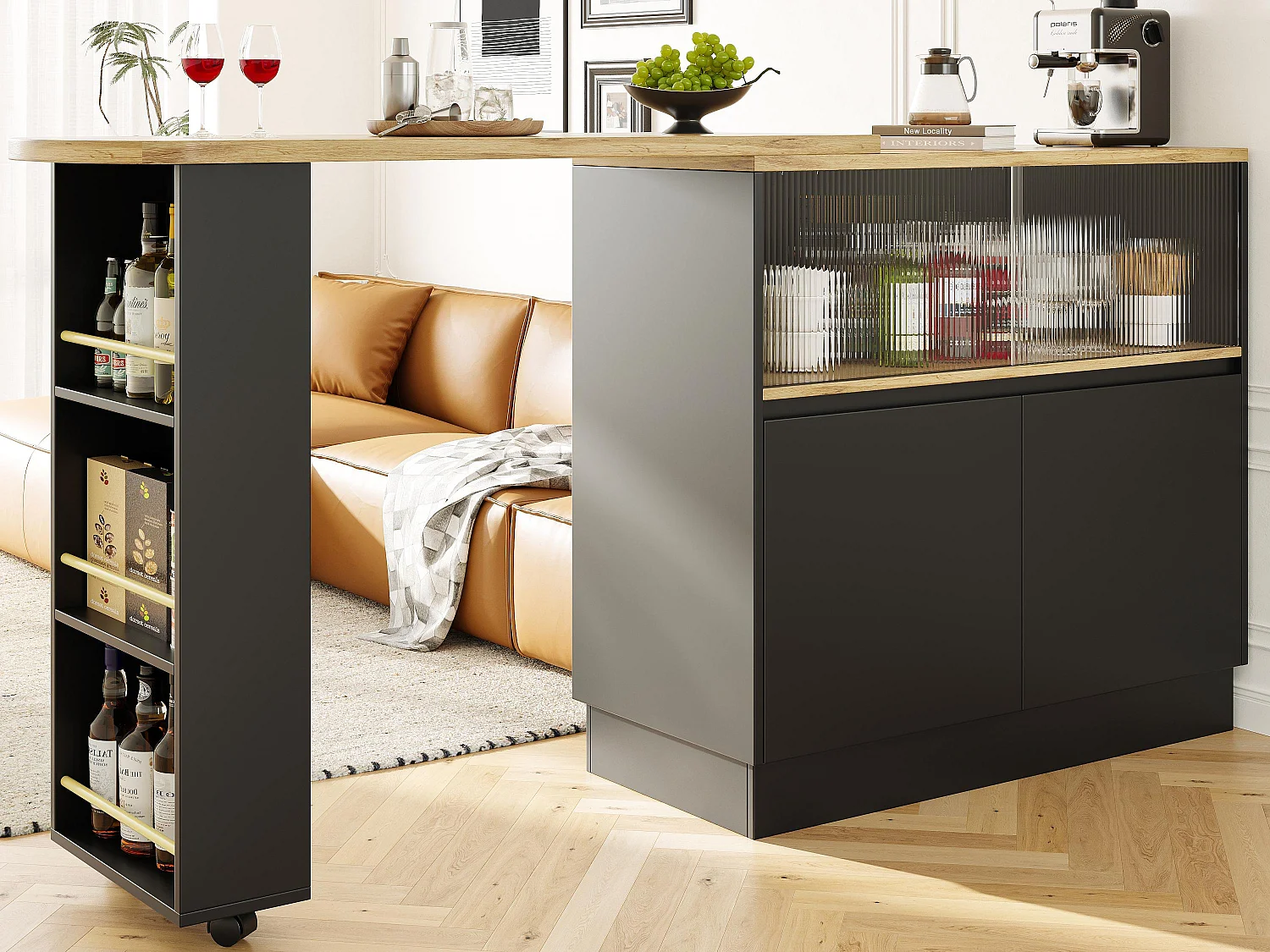 Buffet, obrotowy i chowany mebel barowy z MDF – duża przestrzeń do przechowywania – styl nowoczesny – czarny 3688650