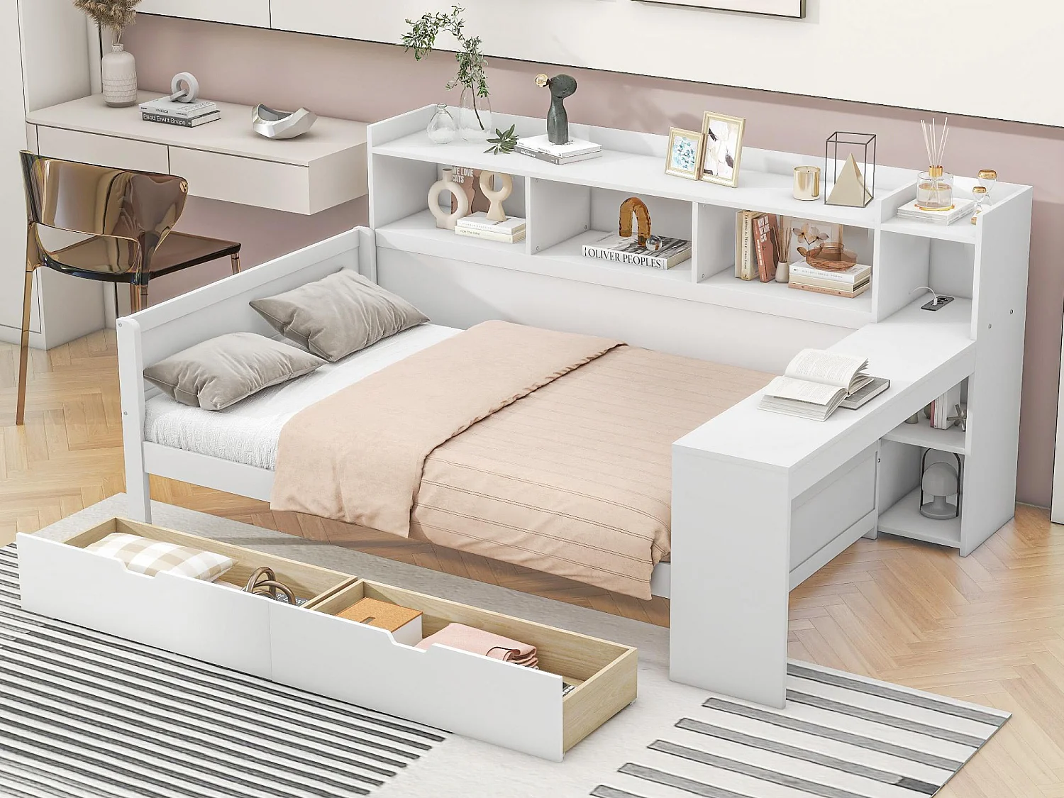 Łóżko banquette 90x200cm – biurko z gniazdem USB – 2 szuflady i półki – Białe (materac nie jest w zestawie) 3696959