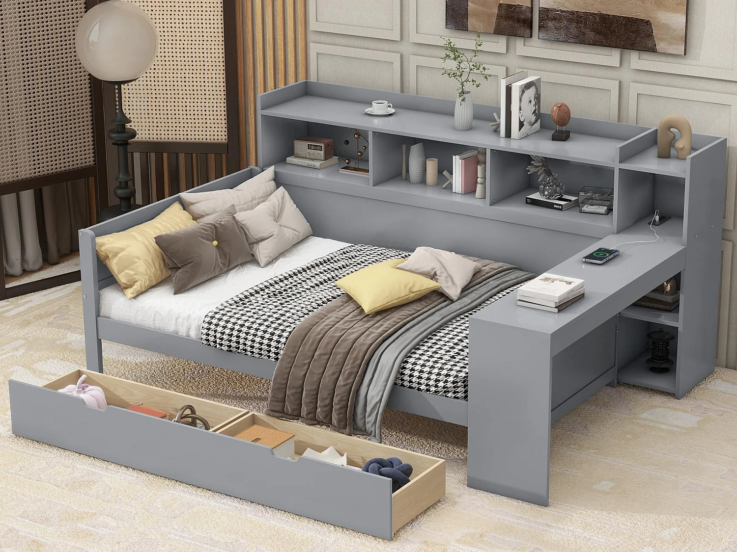Łóżko banquette 90x200cm – biurko z gniazdem USB – 2 szuflady i półki – Szary (materac nie jest w zestawie) 3696958