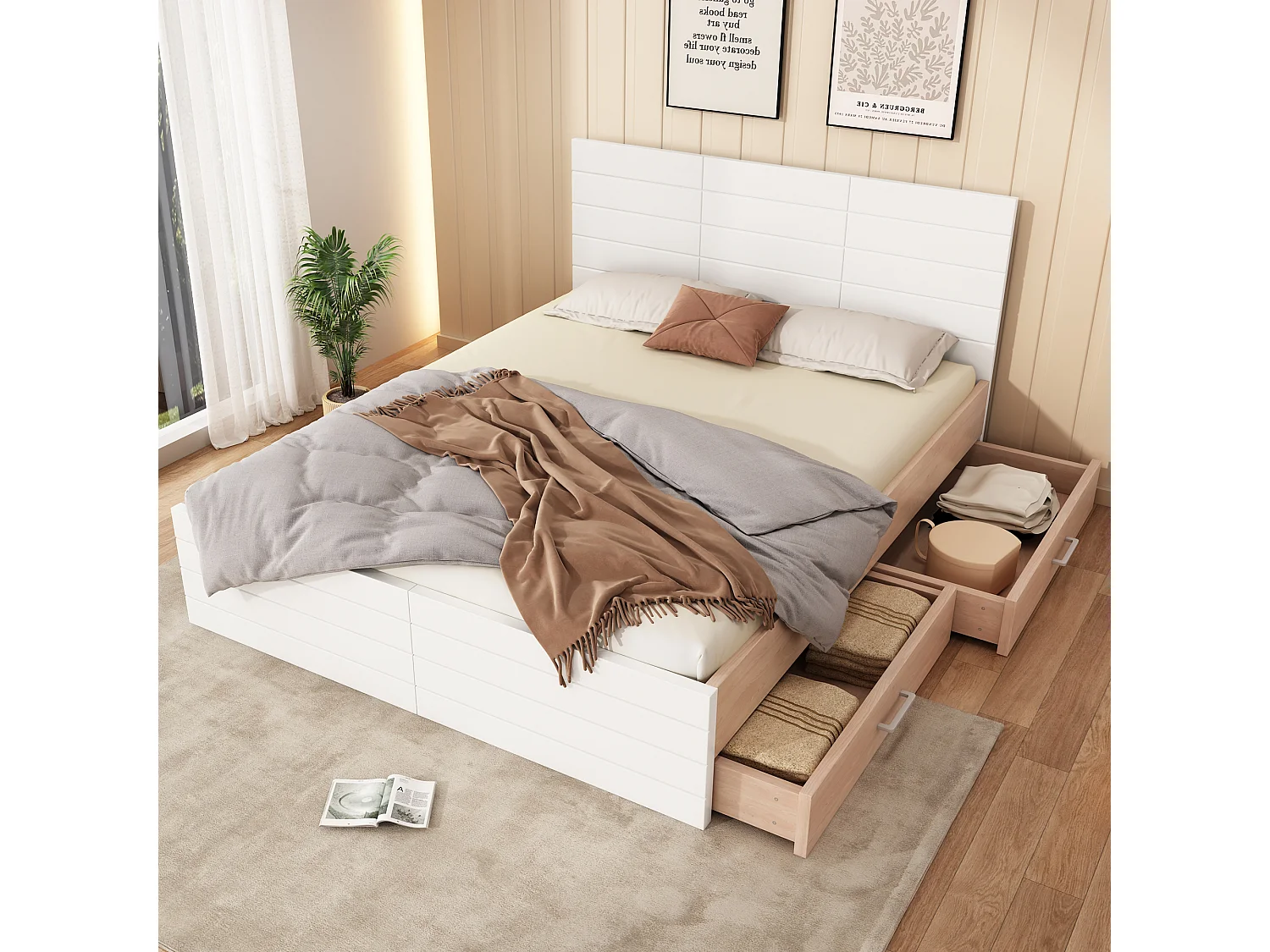 Łóżko 180 x 200 cm z wezgłowiem i 2 szufladami - Drewno lite + MDF - Stelaż listwowy - Dąb/biały (bez materaca) 3703131 - obrazek 1