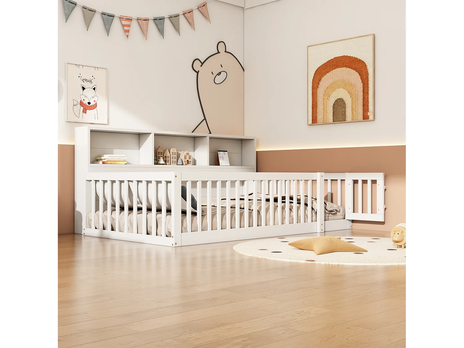 Łóżko 90 x 200 cm z barierkami i szafkami - Drewno sosnowe + MDF - Stelaż listwowy - Białe (bez materaca) 3703132 - obrazek 1