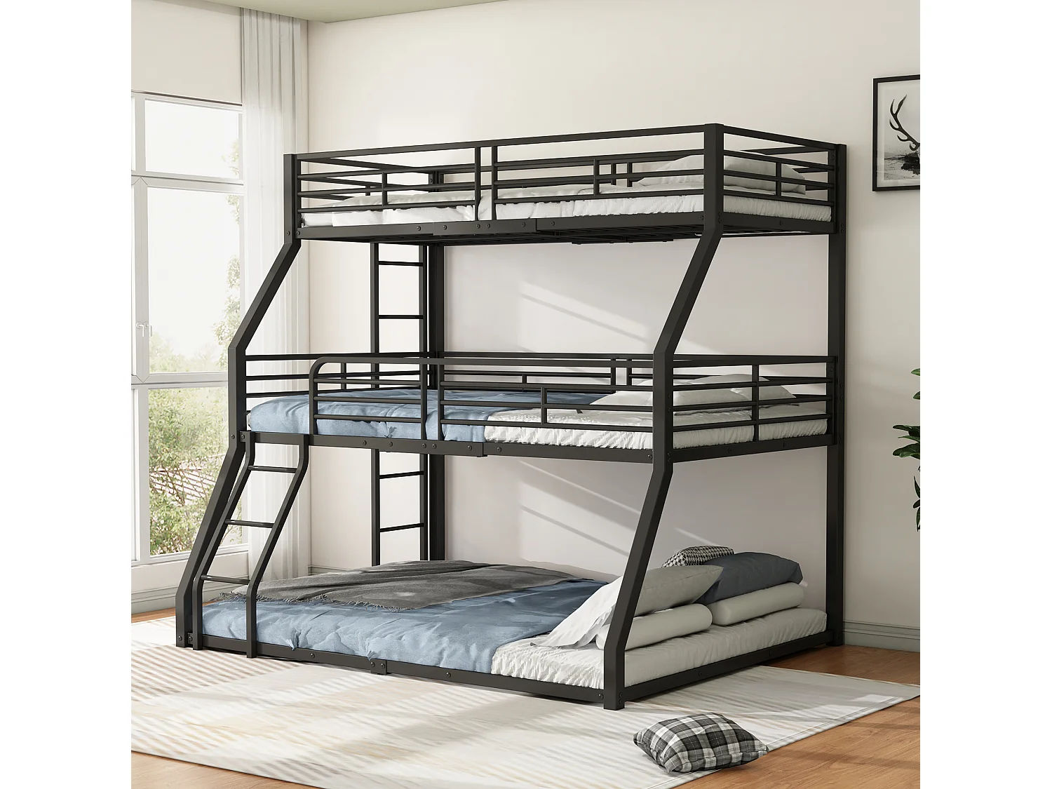 Łóżka piętrowe potrójne 90/120/140 x 200 cm z 2 drabinkami – Metalowe – Stelaż listwowy – Czarne (bez materaca) 3703200