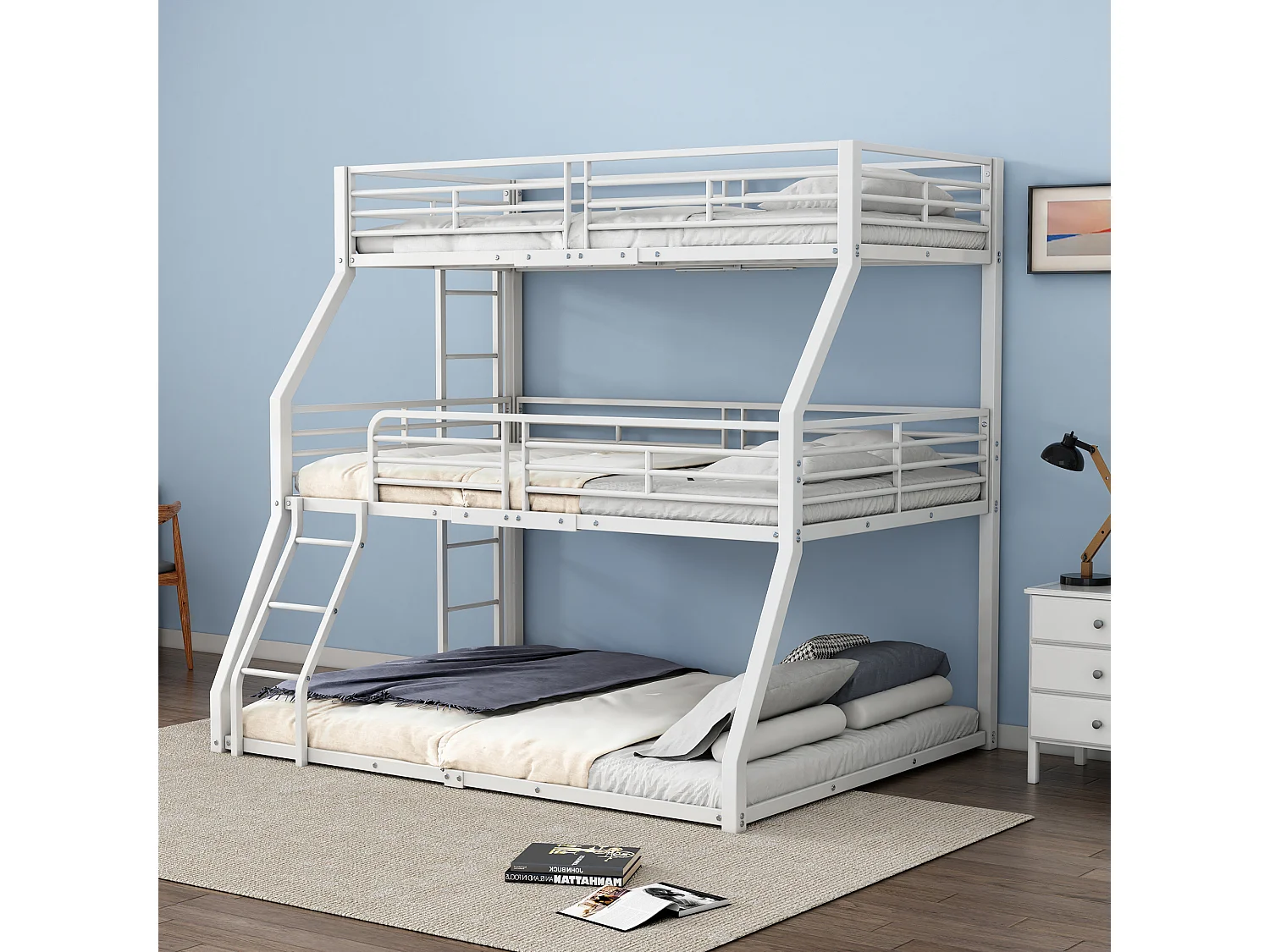 Łóżka piętrowe potrójne 90/120/140 x 200 cm z 2 drabinkami – Metalowe – Stelaż listwowy – Białe (bez materaca) 3703201