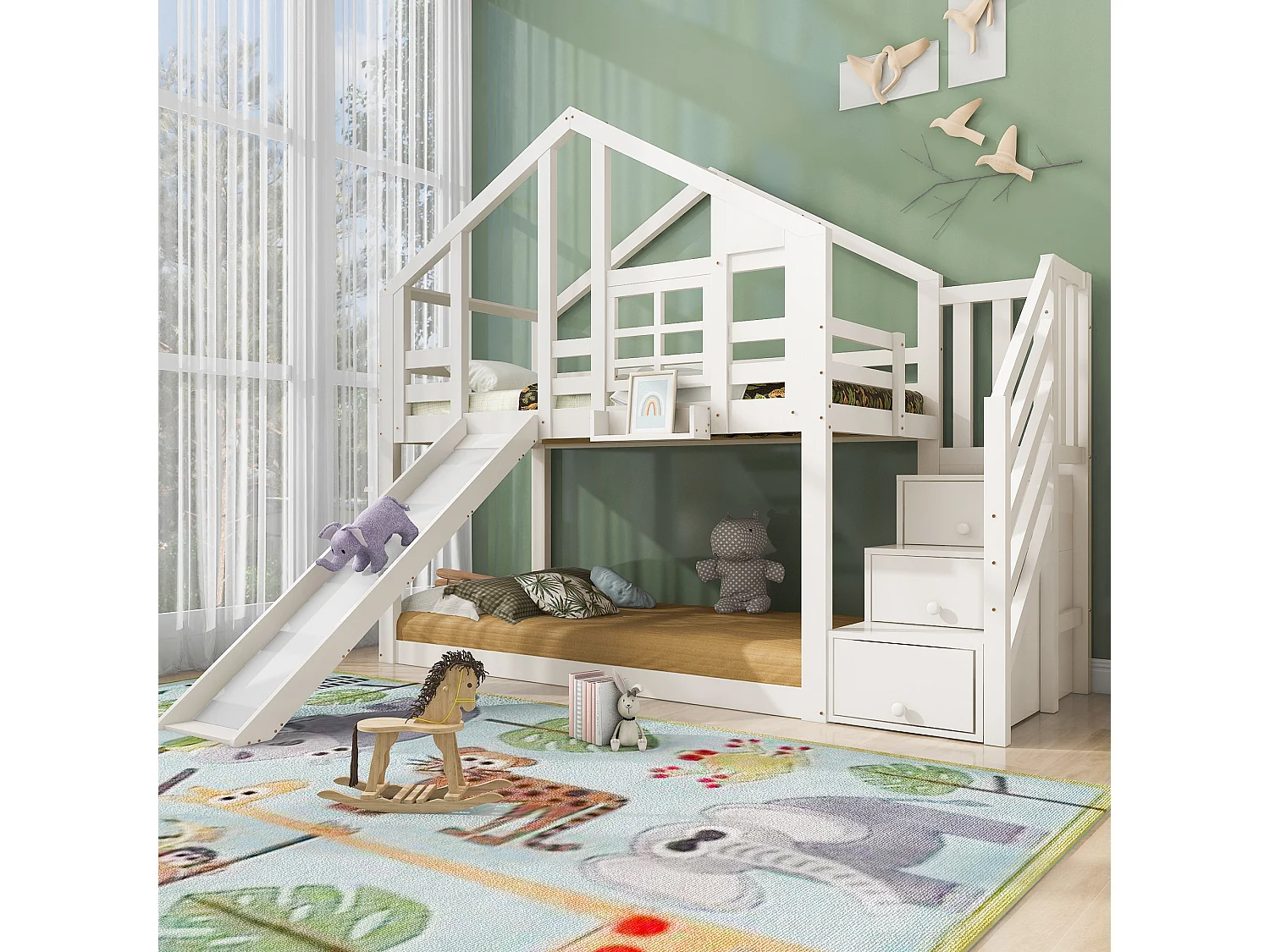 Łóżka piętrowe 2 x 90 x 200 cm z 3 szufladami, prowadnicą i dachem – Drewno lite + MDF – 2 x stelaż z listew – Białe (bez materaca) 3703203