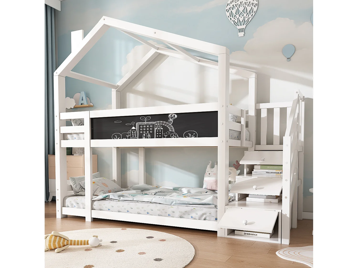 Łóżka piętrowe 2 x 90 x 200 cm z 3 szufladami i barierkami – Drewno lite + MDF – 2 x stelaż z listew – Białe (bez materaca) 3703207