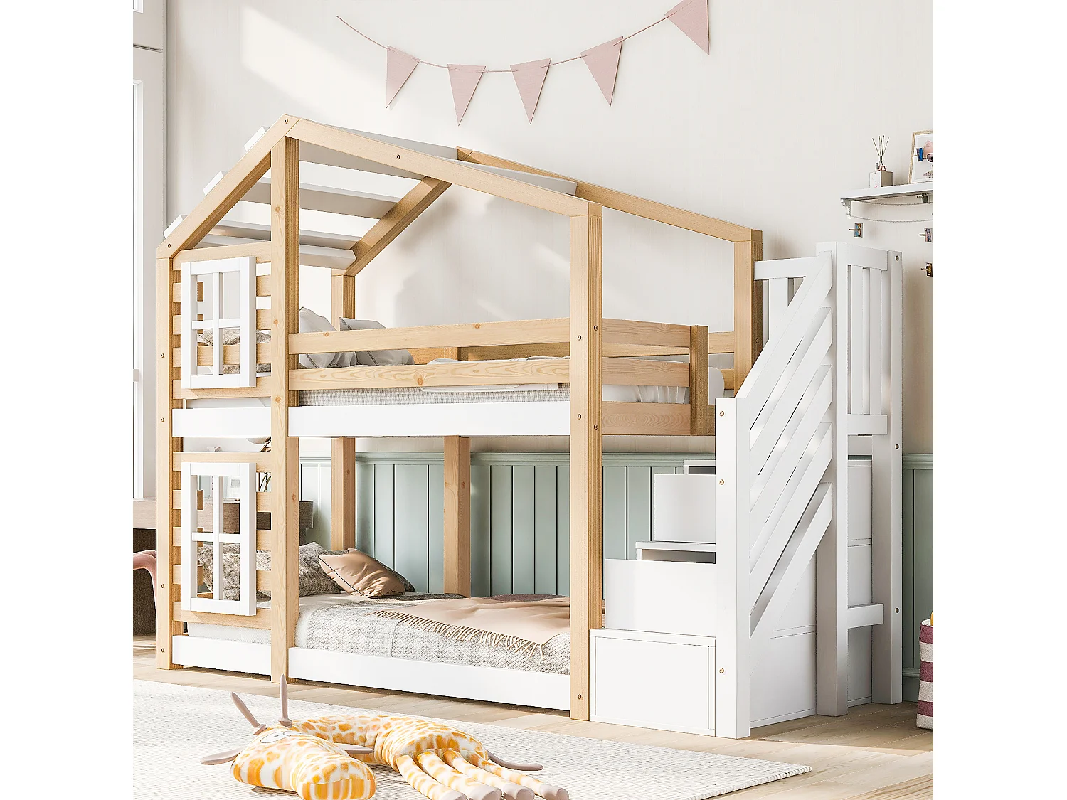 Łóżka piętrowe 2 x 90 x 200 cm z 3 szufladami, oknem i dachem – Drewno lite + MDF – 2 x stelaż listwowy – Białe (bez materaca) 3703212