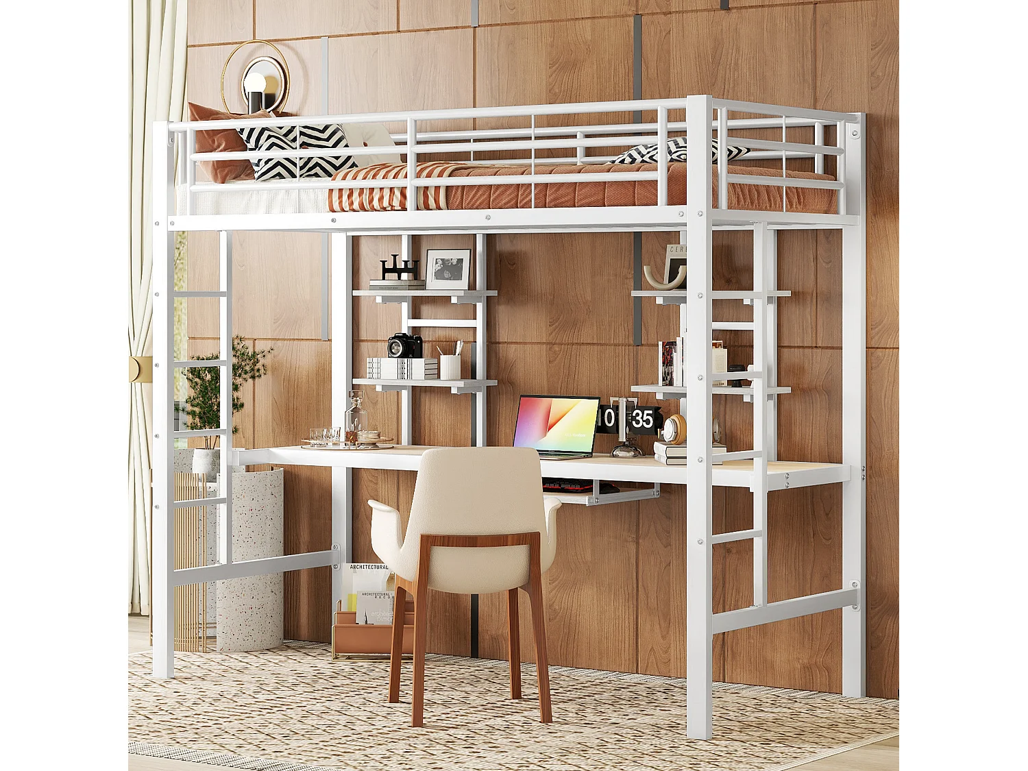 Łóżko antresola 90 x 200 cm z biurkiem i 2 półkami - Metal - Stelaż listwowy - Biały (bez materaca) 3703223 - obrazek 1