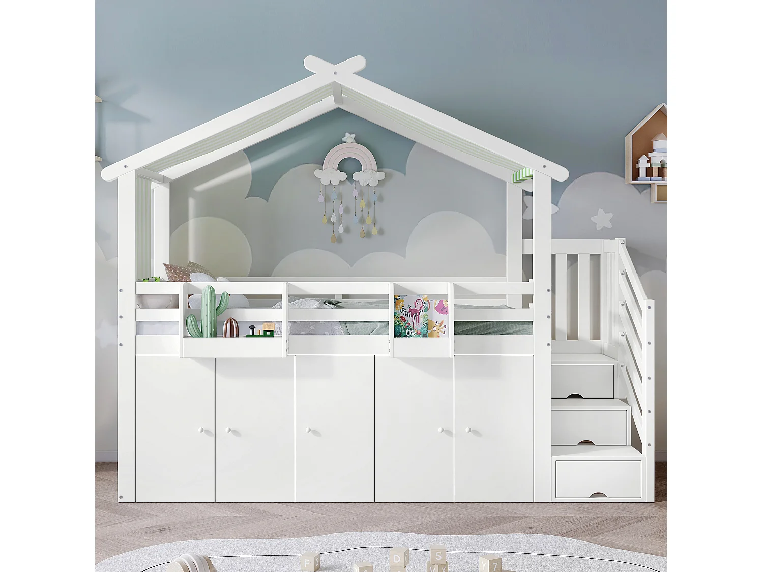 Łóżko antresola 90 x 200 cm z 1 szafą i 2 szafkami oraz 3 szufladami - Sosna + MDF + sklejka - Biały + zielony 3703246 - obrazek 1