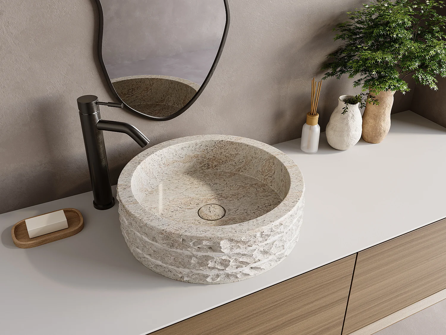Umywalka nablatowa z marmuru – Kremowy – śr. 40 cm – CIRILA 3037641