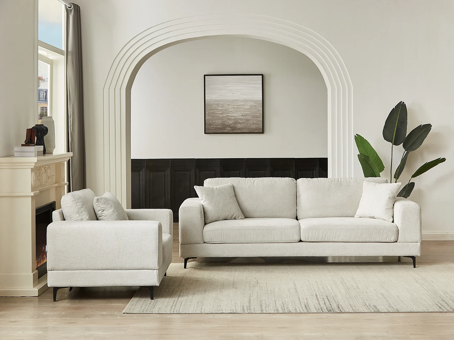 Kanapa 3-osobowa i fotel z beżową teksturowaną tapicerką - JAMOLO 3721019 - obrazek 1
