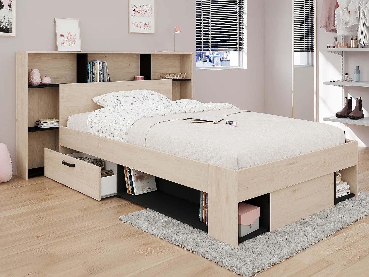 Zagłówek do łóżka ze skrzynią i 140 cm – Naturalny i czarny – KINSELIA 3455931