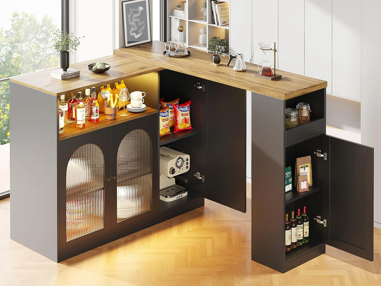 Bufet, obrotowy i chowany mebel barowy z MDF – z LED i różnymi schowkami – Czarny 3723877