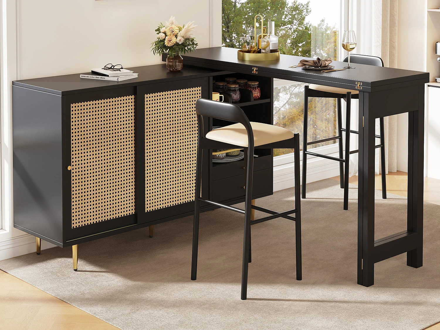 Kredens, rozkładany i obrotowy mebel barowy – z MDF – z różnymi przechowalniami – Czarny 3723878