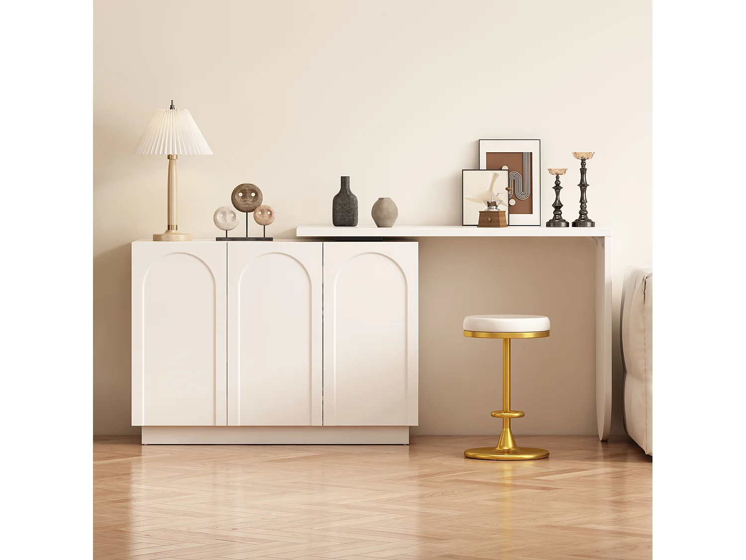 Biurko narożne z 3 szufladami i 2 drzwiami rattanowymi – 126 x 40 x 75 cm – MDF – Białe 3732395