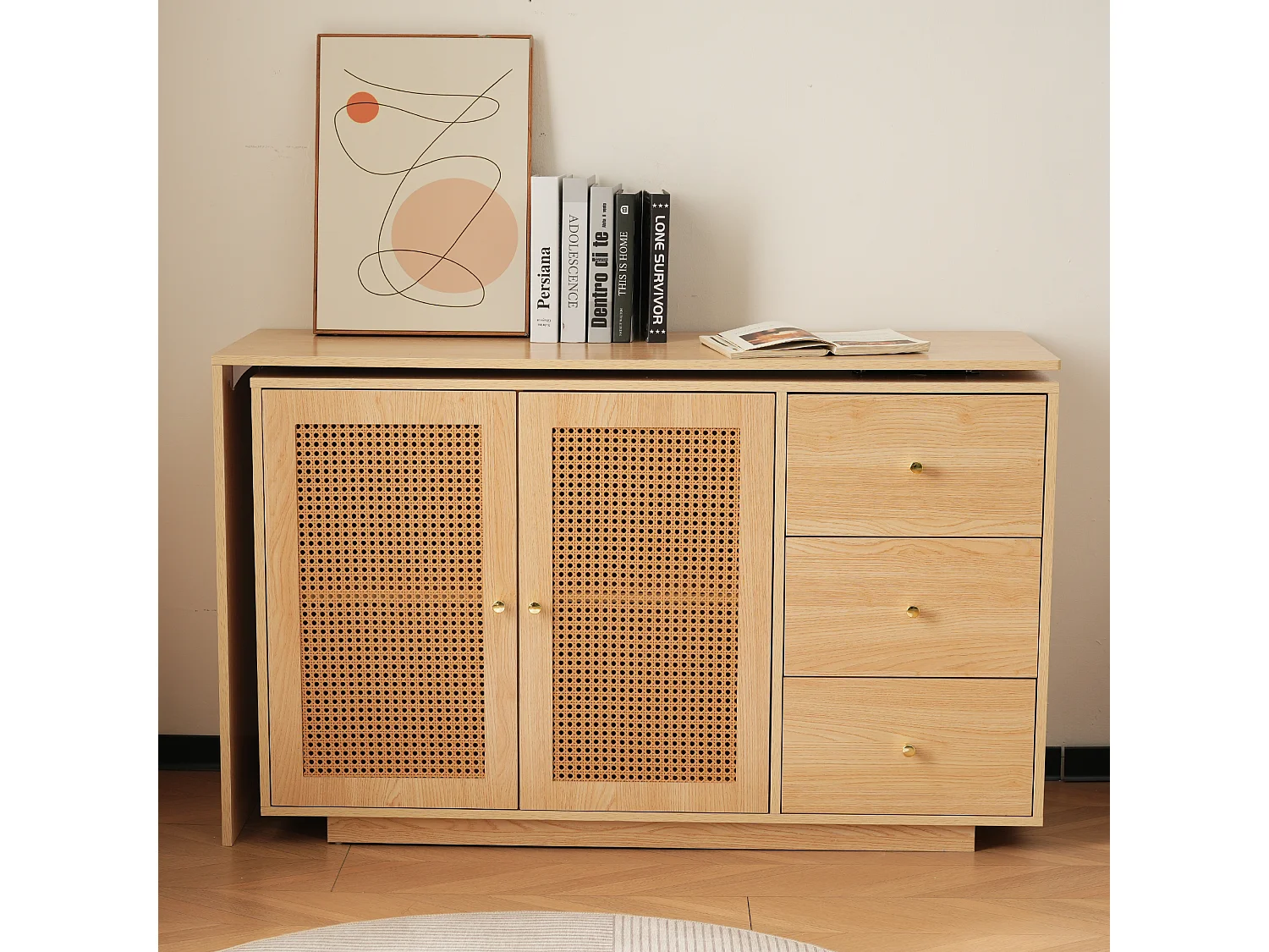 Biurko narożne z 3 szufladami i 2 drzwiami rattanowymi – 126 x 40 x 75 cm – MDF – Naturalne 3732396