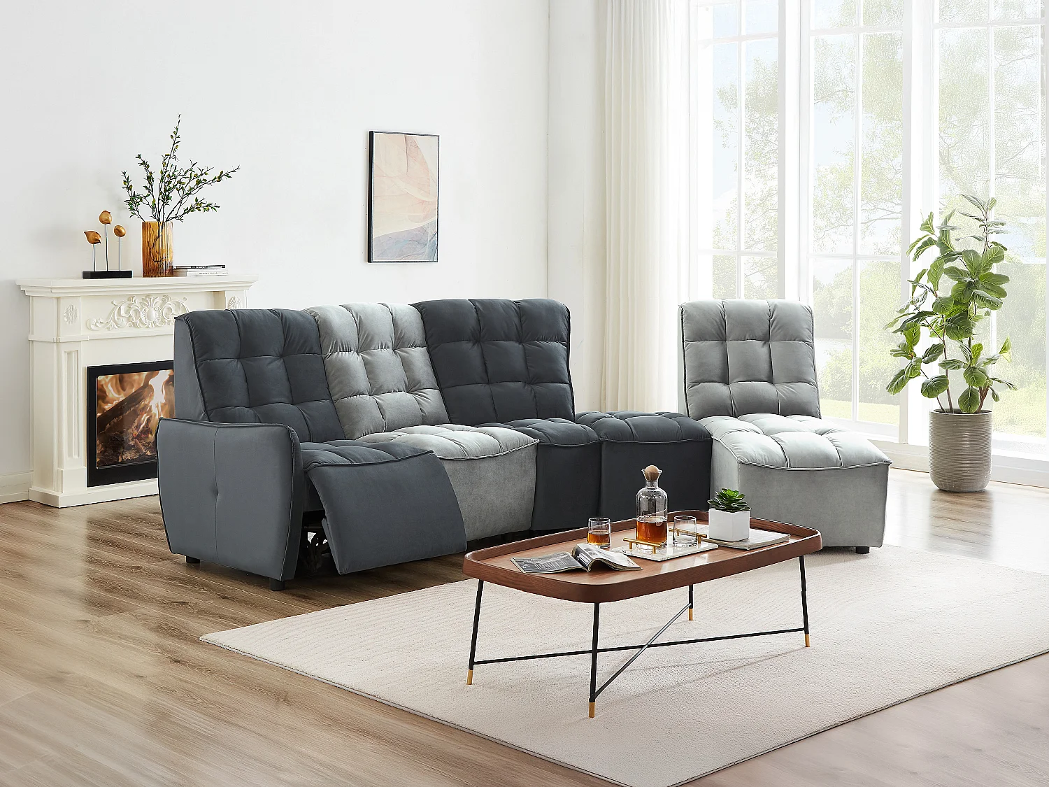 Kanapa narożna modułowa z funkcją relax z jasnoszarego i antracytowego weluru ALFORD 126243 - obrazek 1
