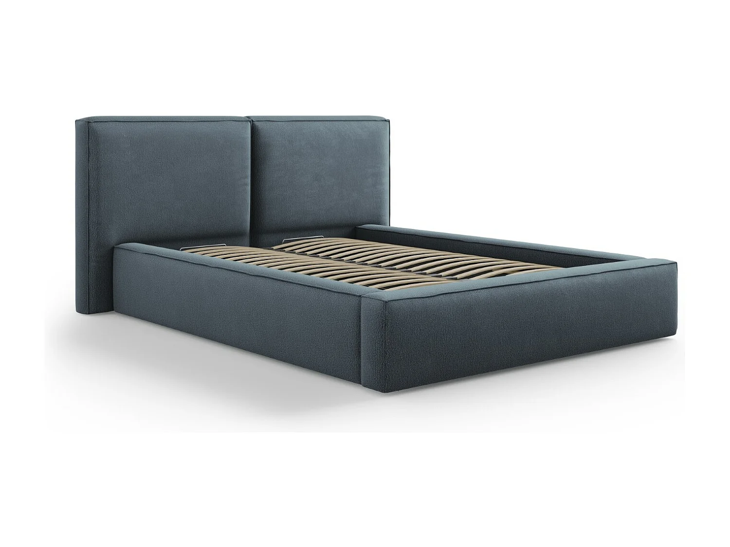 Cosmopolitan Design – Łóżko ze schowkiem i podwójnym zagłówkiem, „Arendal” 140x200cm tkanina strukturalna, niebieski – 228x194x97.5cm 3742002