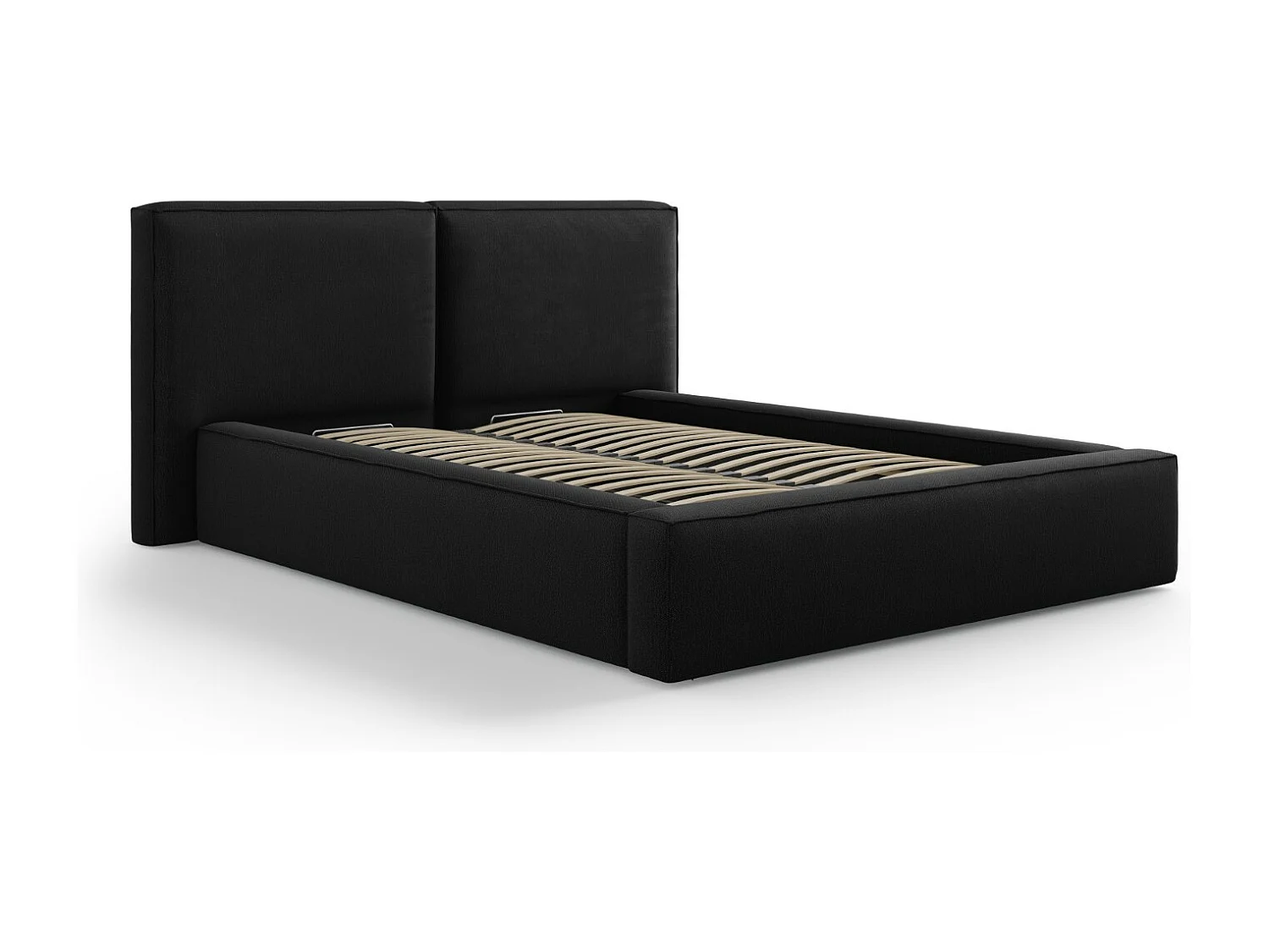 Cosmopolitan Design – Łóżko ze schowkiem i podwójnym zagłówkiem, „Arendal” 140x200cm tkanina strukturalna, czarny – 228x194x97.5cm 3742258