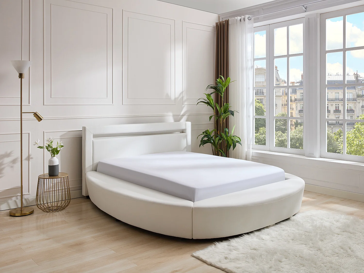 Łóżko okrągłe 160 × 200 cm- Materiał skóropodobny biały z diodami LED 2167363 - obrazek 1