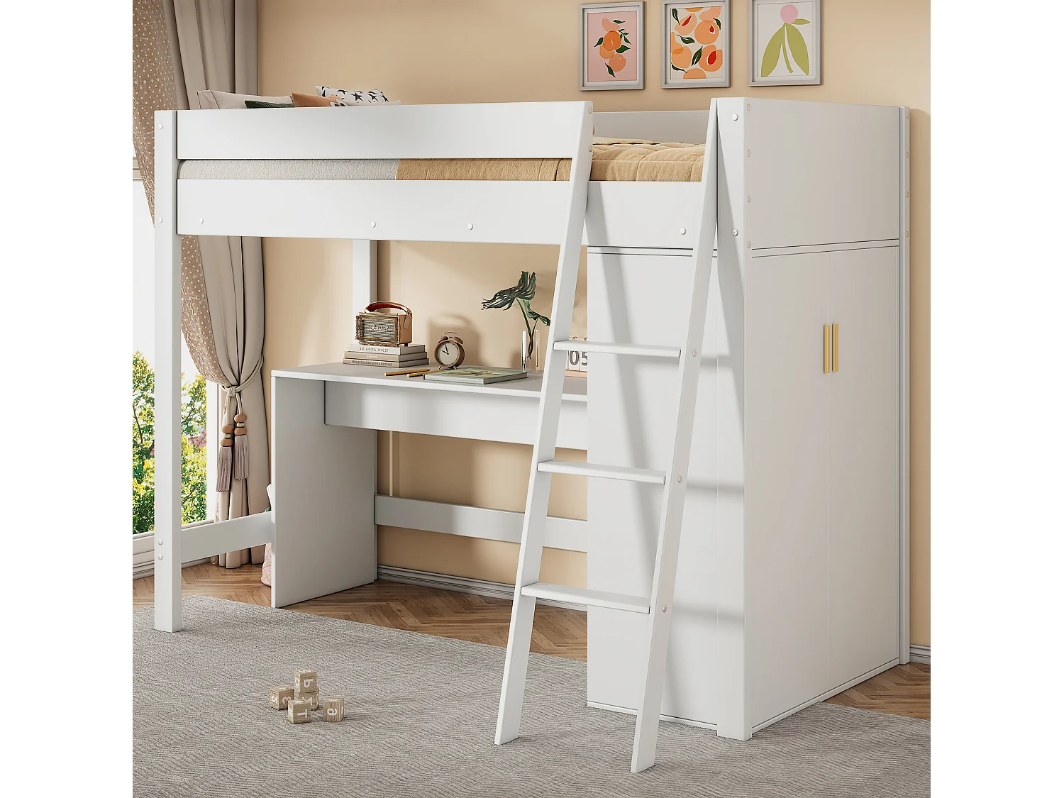 Łóżko antresola 90 x 200 cm z biurkiem i dużą szafą - Drewno lite + MDF - Kolor biały (Bez materaca) 3754816 - obrazek 1