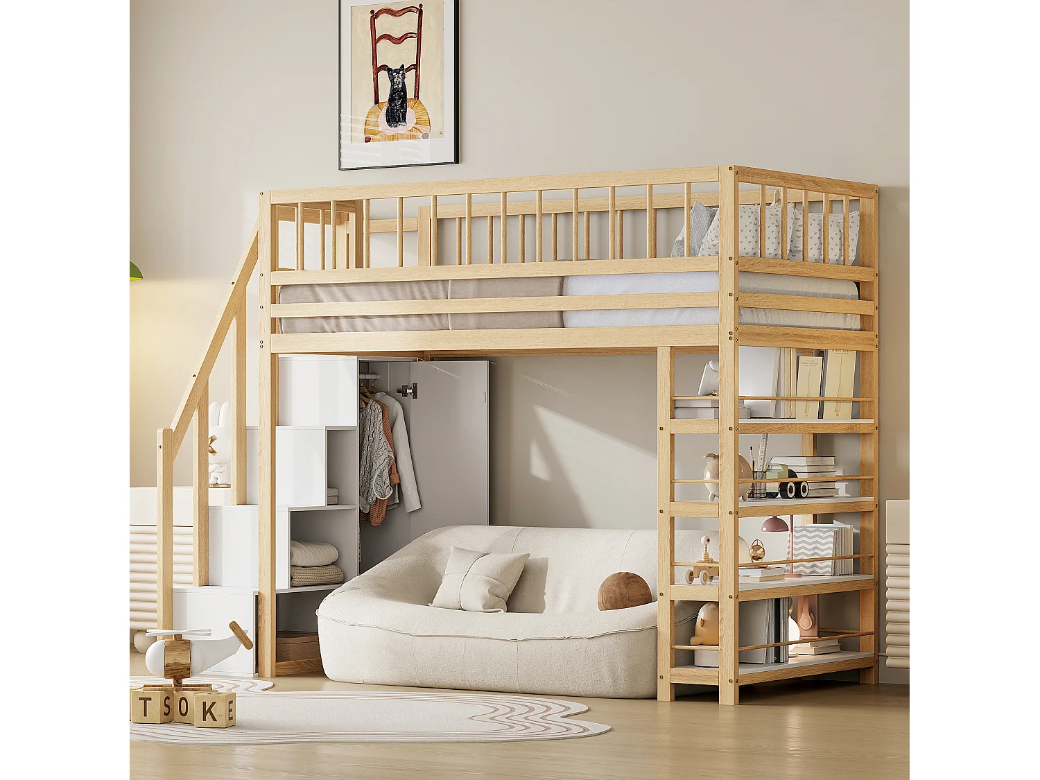 Łóżko antresola 90 x 200 cm z szafą, półkami i 3 przegrodami - Sosna + sklejka + MDF - Kolor naturalnego drewna 3754825 - obrazek 1