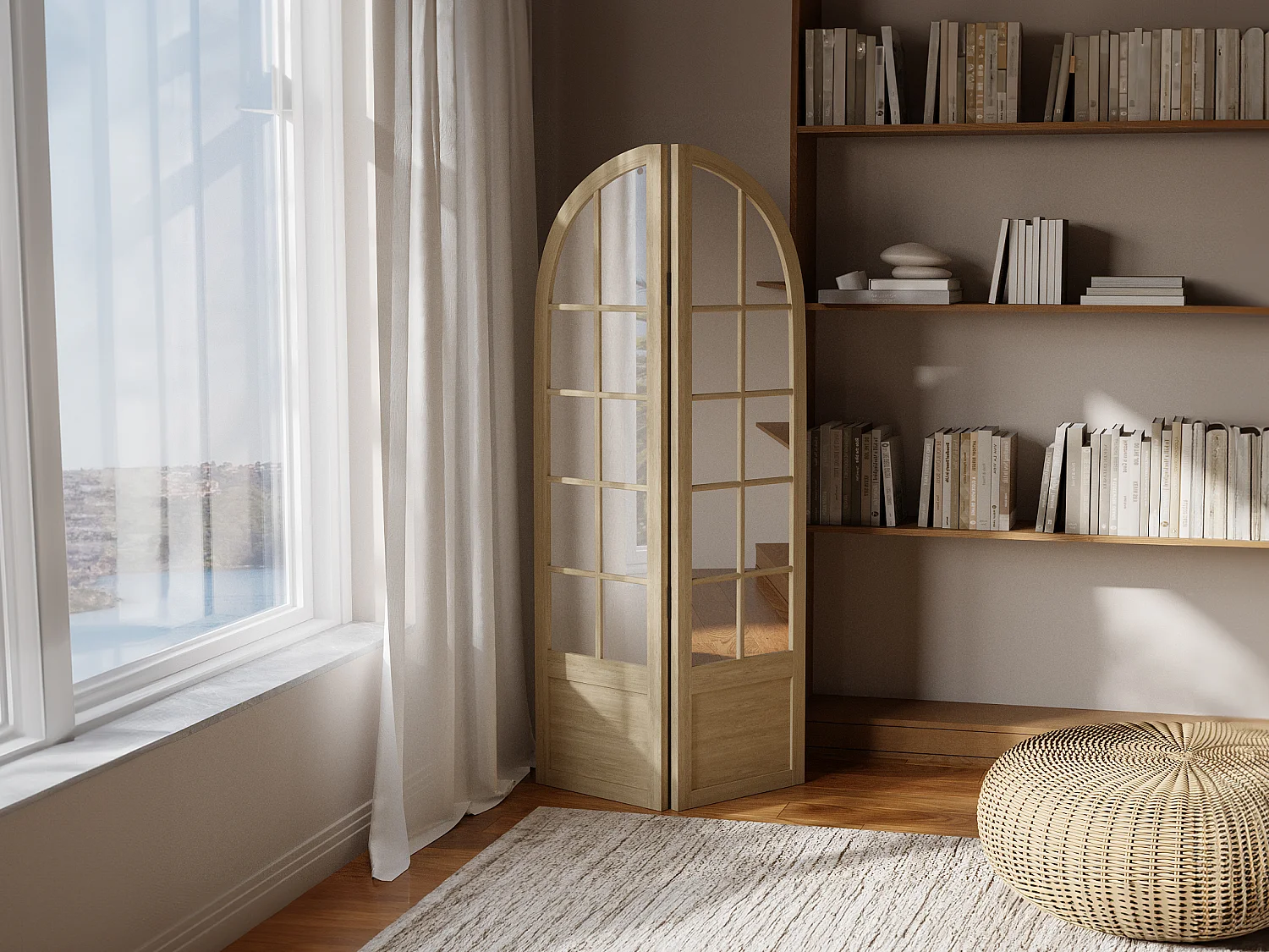 Parawan z lustrem z drewna sosnowego z postarzanymi wykończeniami – 2 panele – dł. 96 x wys. 180 cm – Naturalny – KEDIRI 3360126 - obrazek 1