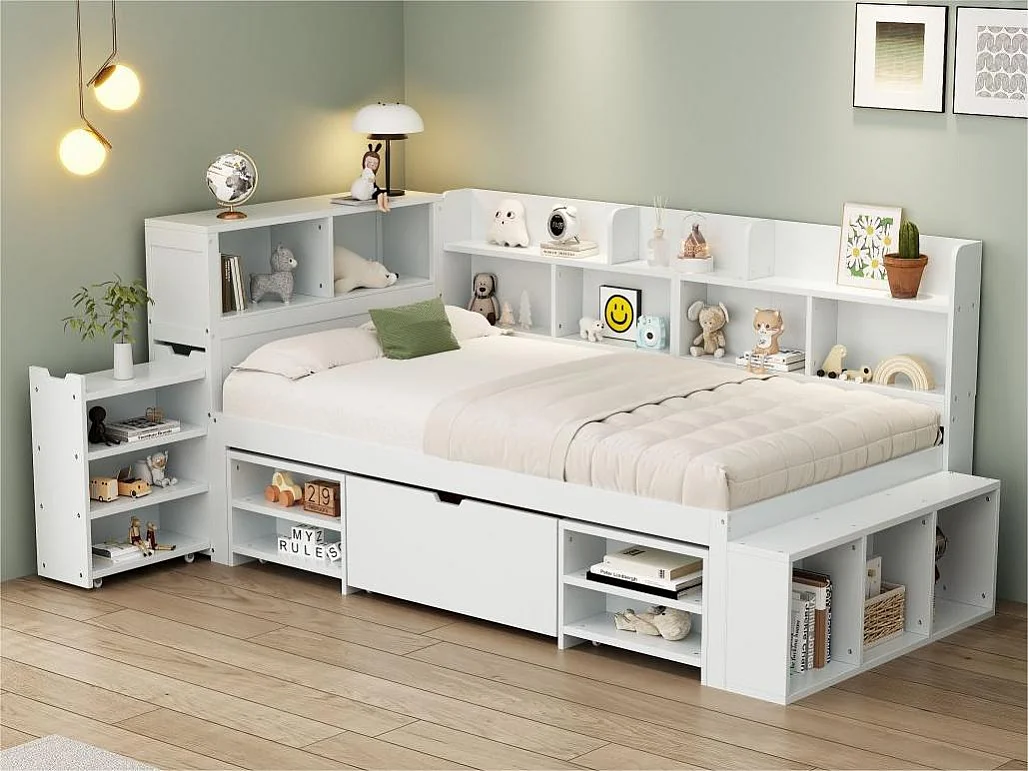 Łóżko MDF 90x200cm - z wielofunkcyjnym schowkiem i małym wyjmowanym regałem - z podstawą z listew - Białe 3297146 - obrazek 1