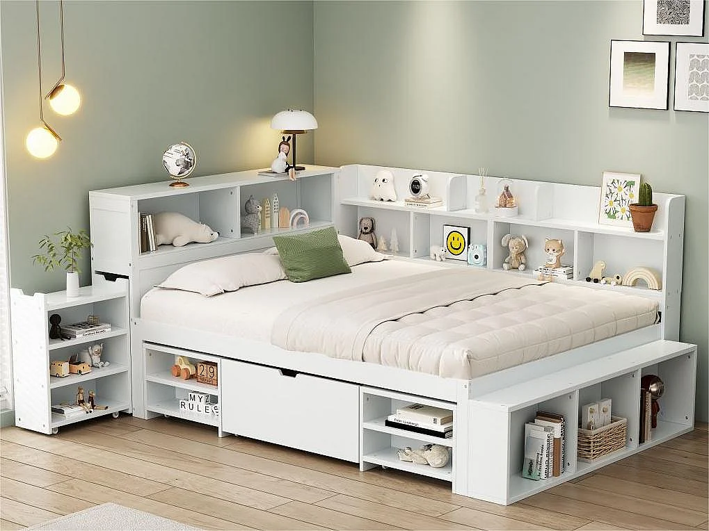 Łóżko MDF 140x200cm - z wielofunkcyjnym schowkiem i małym wyjmowanym regałem - z podstawą z listew - Białe 3297150 - obrazek 1