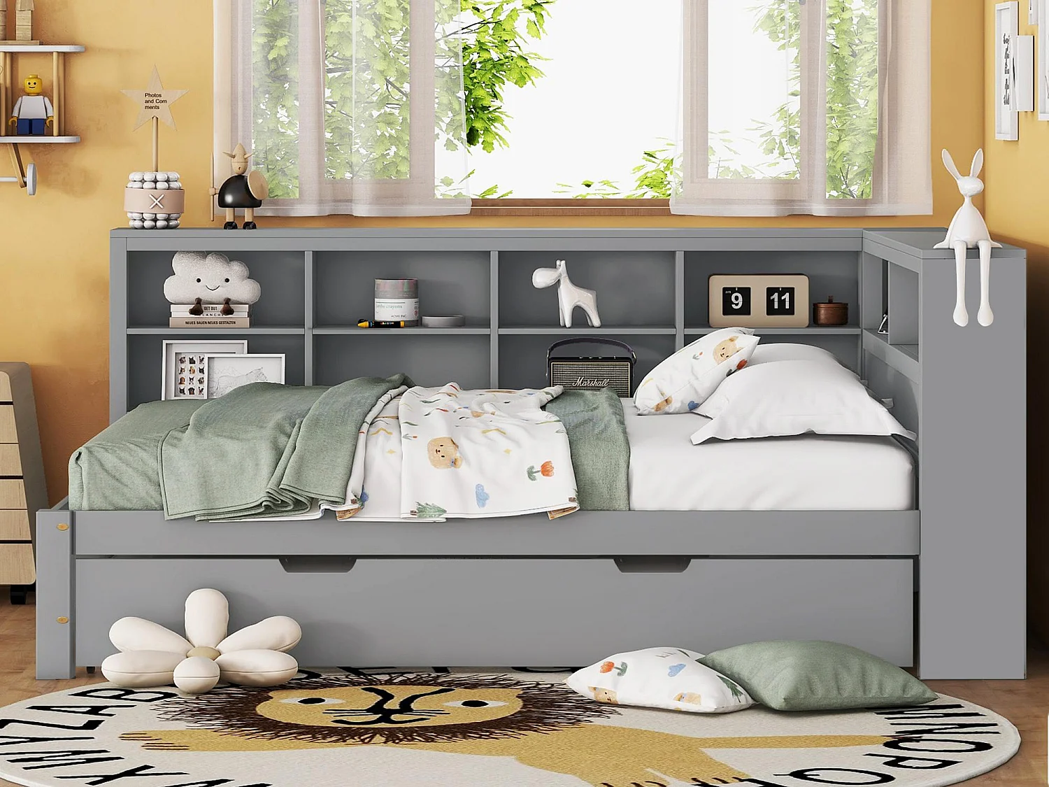 Łóżko banquette 140×200 cm z łóżkiem wysuwanym 90×190 cm – z USB i wieloma schowkami – z litego drewna – Szary 3260893