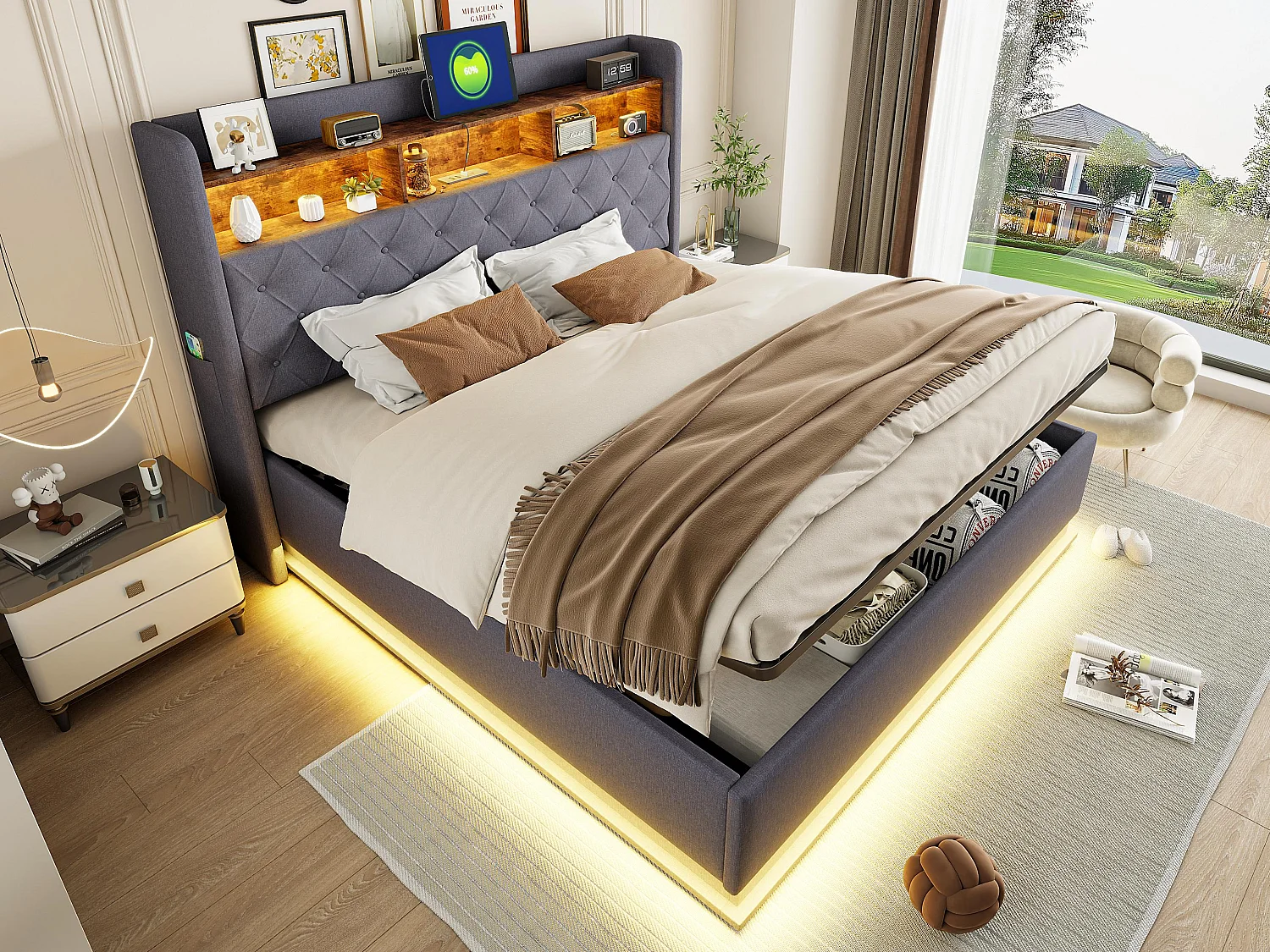 Łóżko 180x200 cm z lnu - z LED i gniazdami USB - Szare 3780529 - obrazek 1