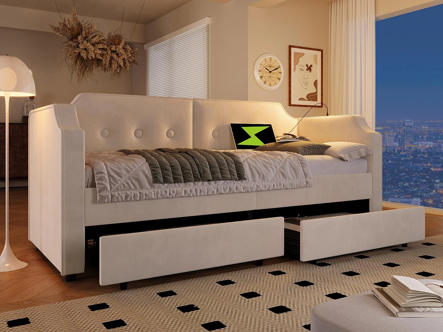 Łóżko banquette 90x200cm z weluru - z funkcją ładowania i LED - z stelażem na listwy - Beżowe 3447991 - obrazek 1