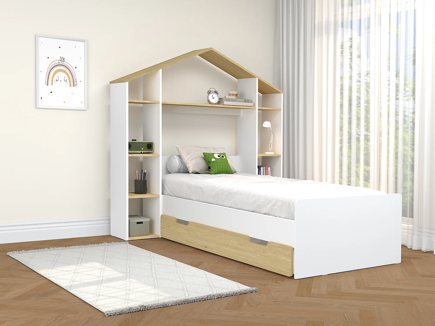 Łóżko domek 90 x 190 cm - Biały i naturalny + Materac - JERACO 3881422 - obrazek 1