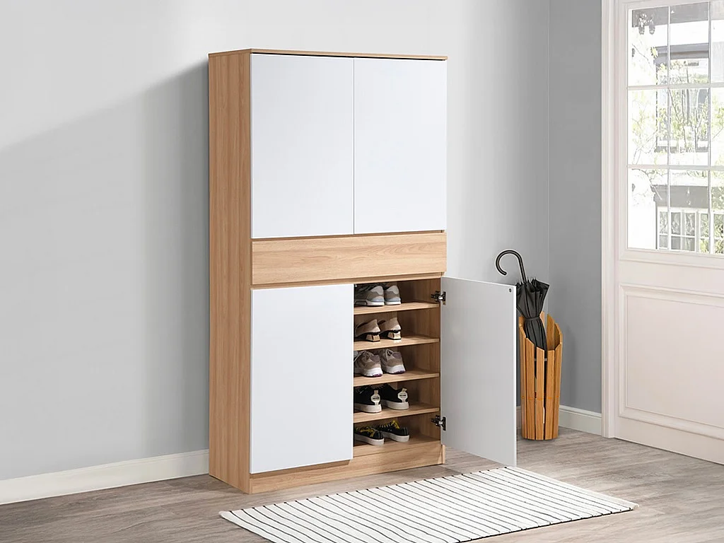 Szafka na buty 4-drzwiowa z 1 szufladą – Biały i Naturalny – COVIANA 3002687