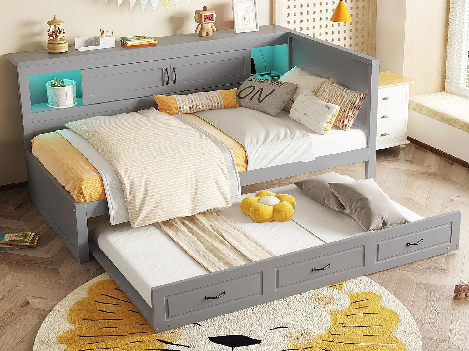 Łóżko banquette 90x200cm z LED i gniazdkami - z łóżkiem wysuwanym 90x190cm - Szare 3887258 - obrazek 1