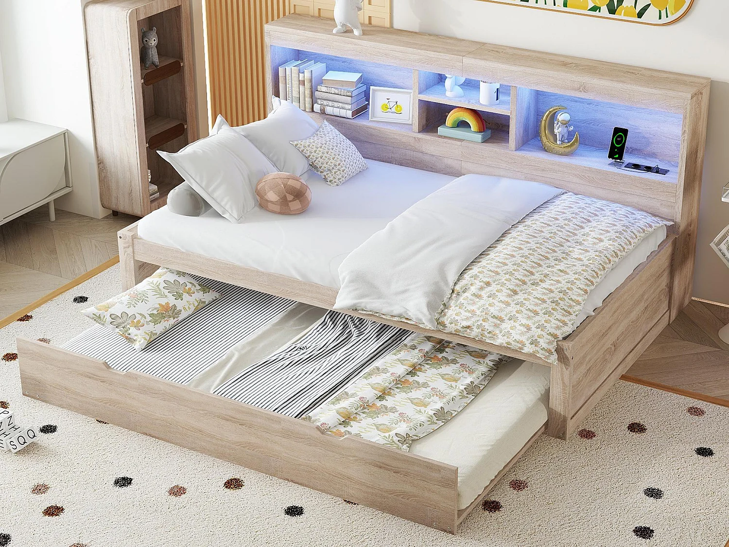 Łóżko banquette 90x200cm z łóżkiem wysuwanym 90x190cm - szafka nocna z oświetleniem LED i gniazdami - Naturalny 3887257 - obrazek 1