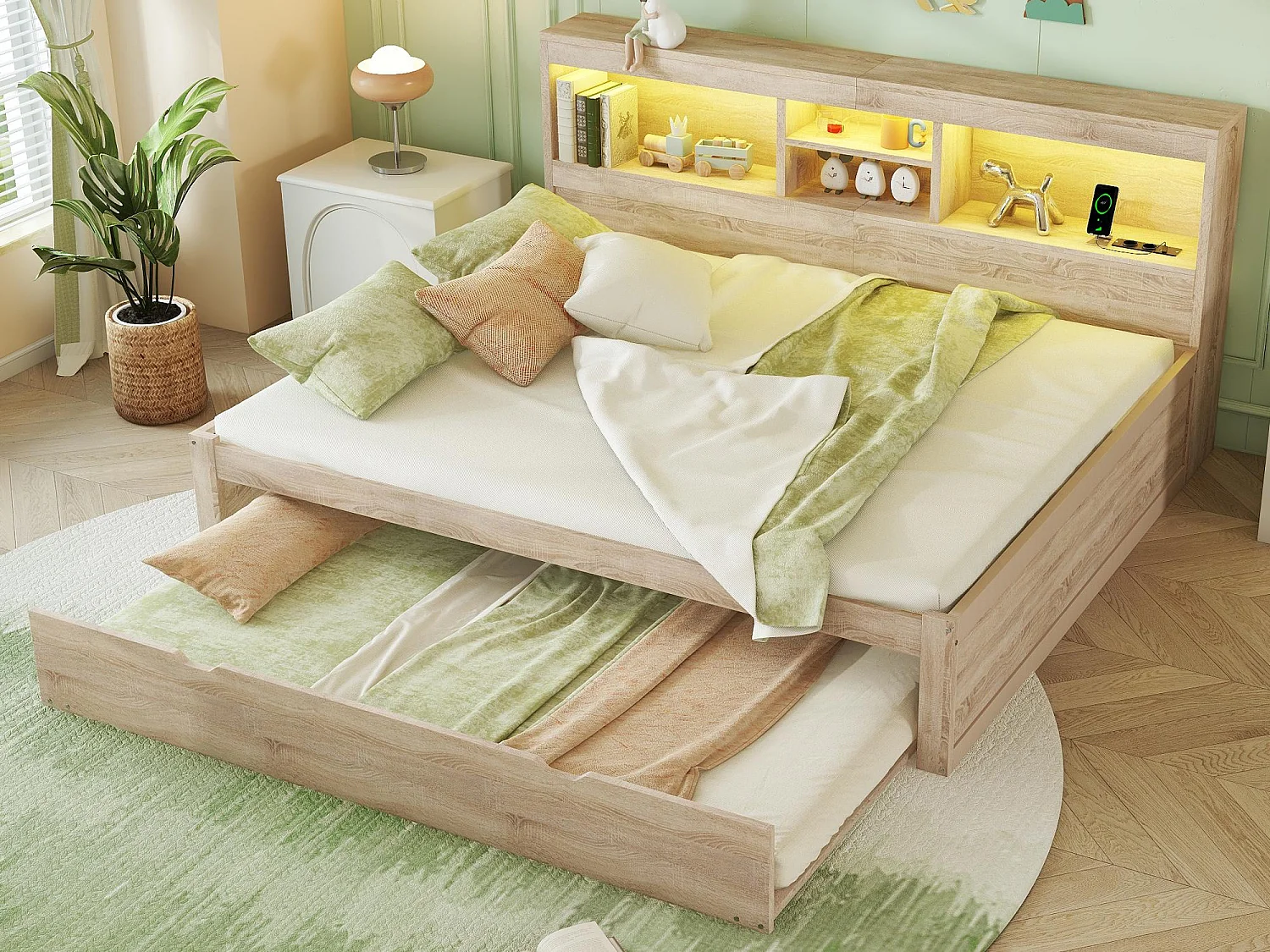 Łóżko banquette 140x200cm z łóżkiem wysuwanym 90x190cm – szafka nocna z oświetleniem LED i gniazdami – Naturalny 3887259