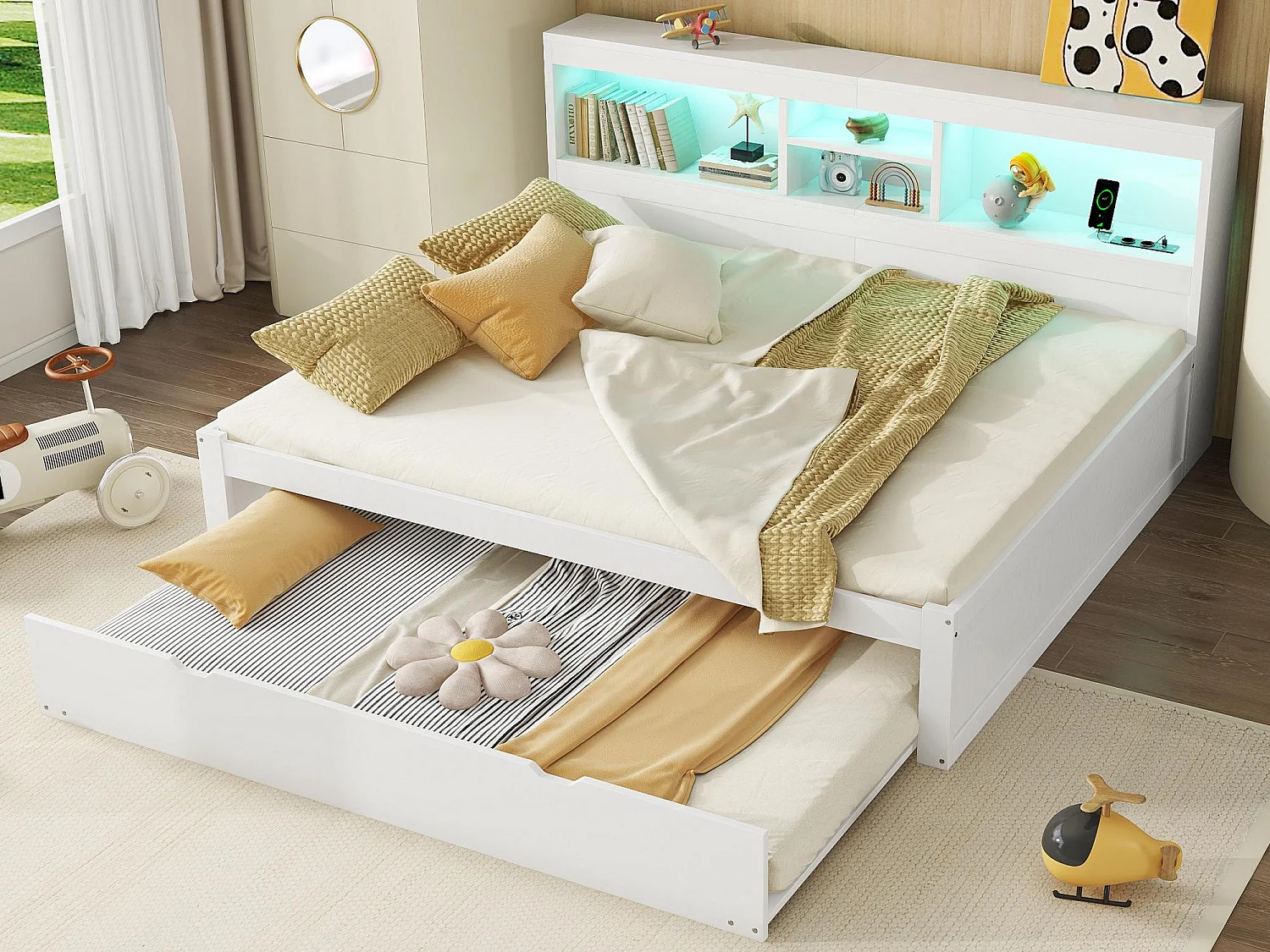 Łóżko banquette 140x200cm z łóżkiem wysuwanym 90x190cm – szafka nocna z oświetleniem LED i gniazdami – Biały 3887264