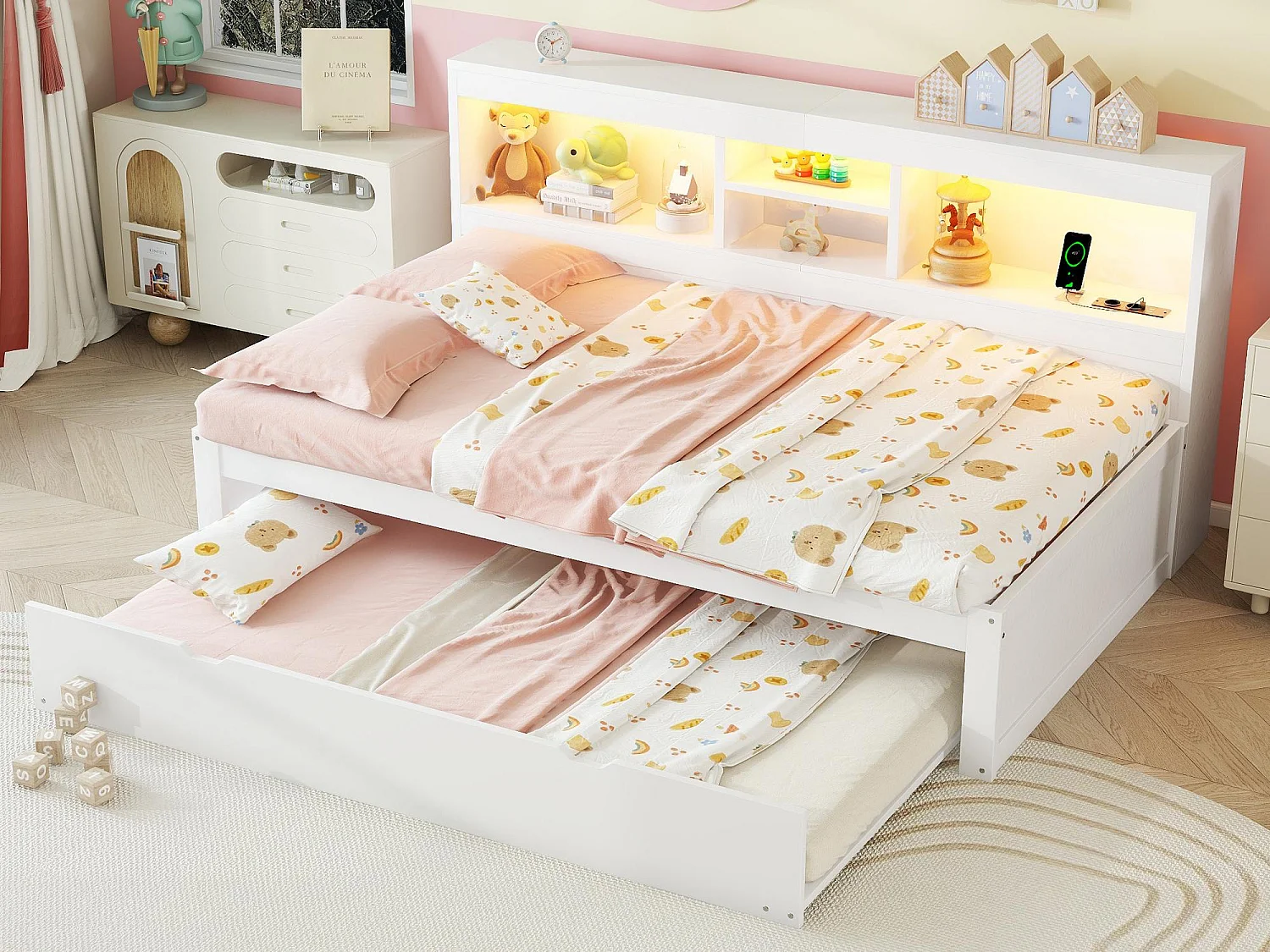 Łóżko banquette 90x200cm z łóżkiem wysuwanym 90x190cm - szafka nocna z oświetleniem LED i gniazdami - Biały 3887266 - obrazek 1