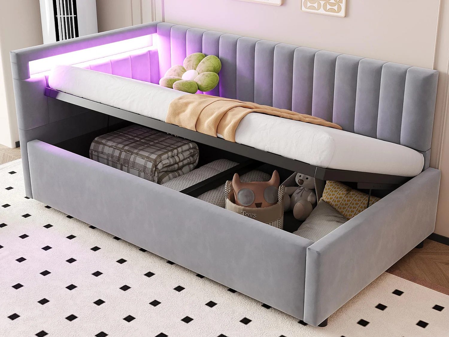 łóżko 90x200cm z LED - materiał aksamitny - Jasnoszary 3887285 - obrazek 1