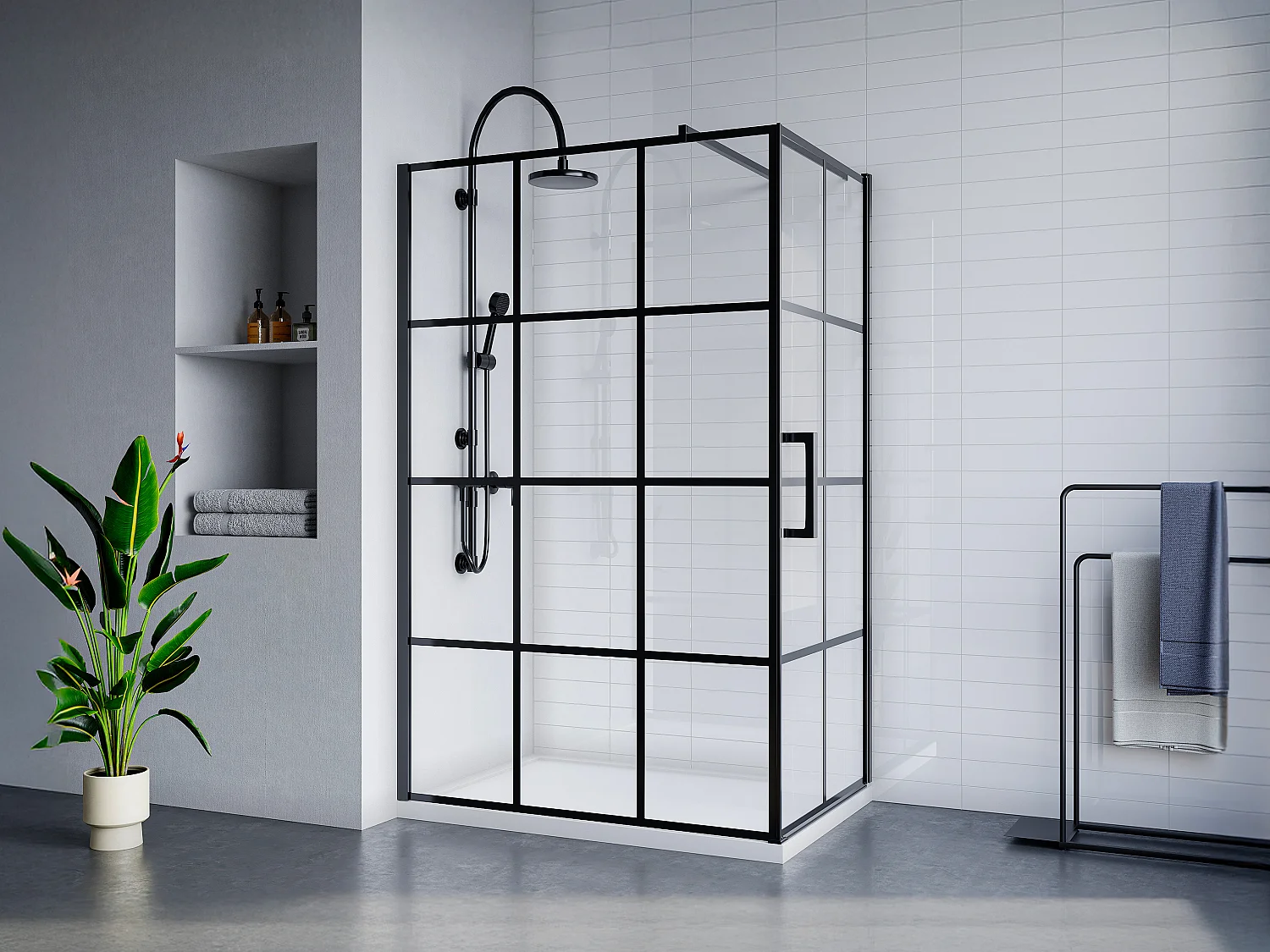 Ścianka prysznicowa stała z drzwiami wahadłowymi i sitodrukiem czarny mat – 120 x 80 x 190 cm – CAPARICA 3255737