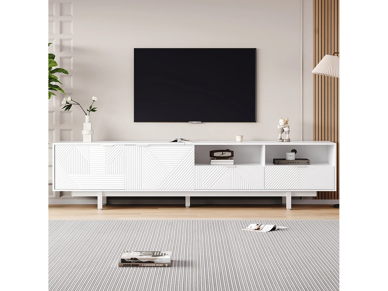 Bohemian szafka pod TV z 2 drzwiami i 2 szufladami – 200 x 40 x 51 cm – Płyta wiórowa – do jadalni – Biała 3913134