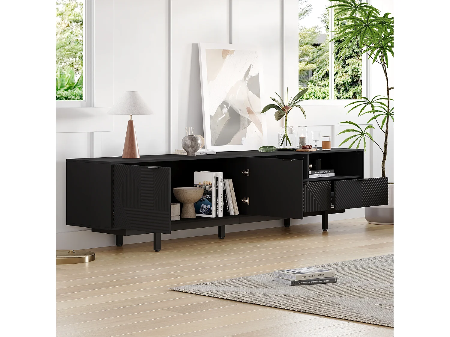 Bohemian szafka pod TV z 2 drzwiami i 2 szufladami – 200 x 40 x 51 cm – Płyta wiórowa – do jadalni – Czarna 3913145